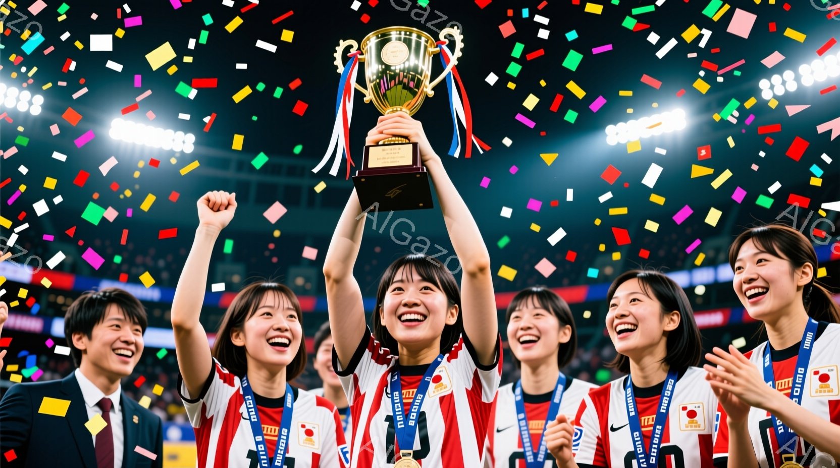トロフィーを掲げる女性たちのグループと、それを見守る男性が写っています。女性たちは赤いシャツに白いライン、そしてメダルをつけており、笑顔で喜びを表現しています。背景には光の粒子が舞い、勝利の瞬間を華や - AI生成フリー素材