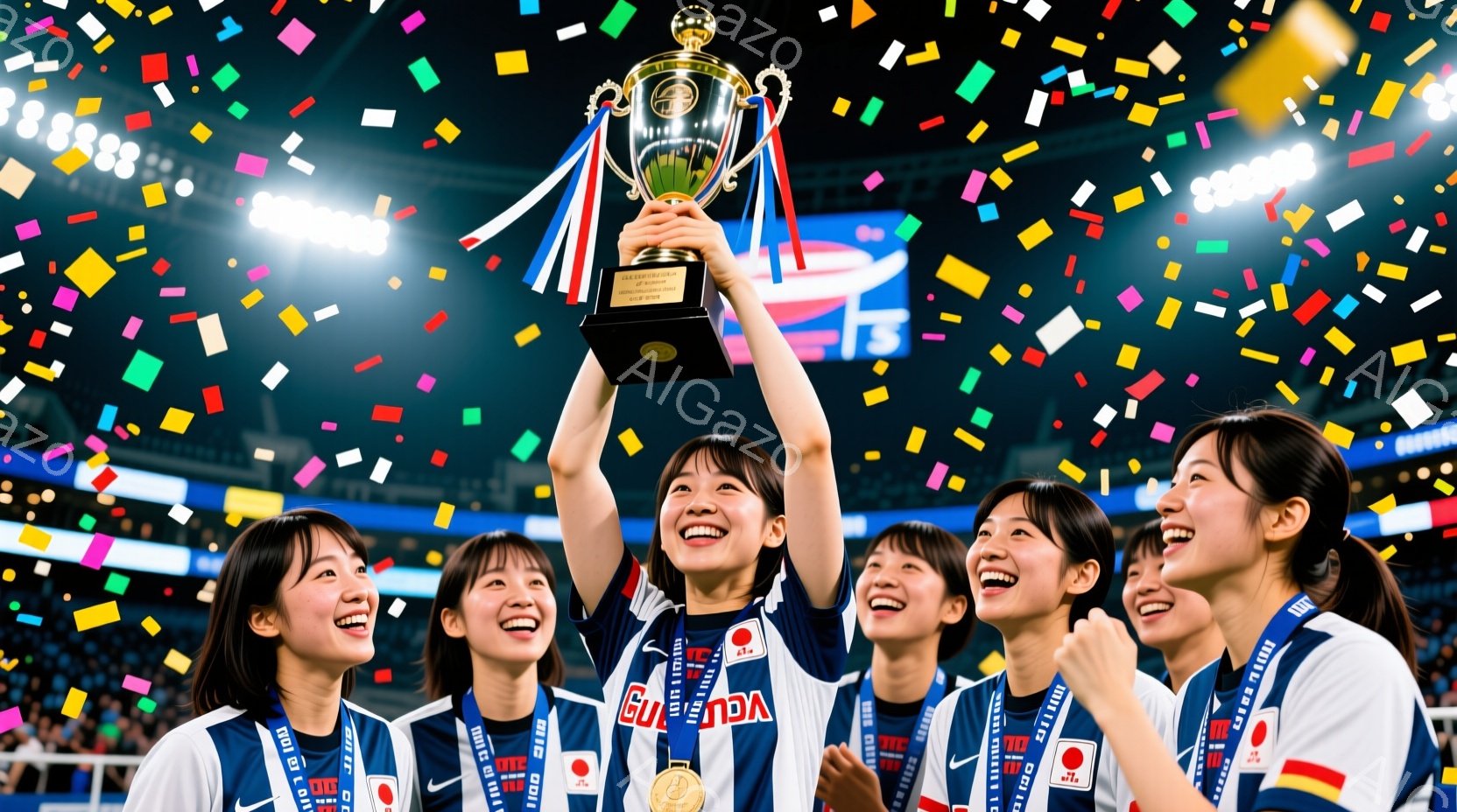 日本の女子サッカー選手たちが勝利を祝っている様子が写っています。選手たちは白いユニフォームに日本の国旗のマークがついたメダルを首にかけており、顔には笑顔が溢れています。背景には観客席とカラフルな紙吹雪が舞い、勝利の喜びを盛り上げています。