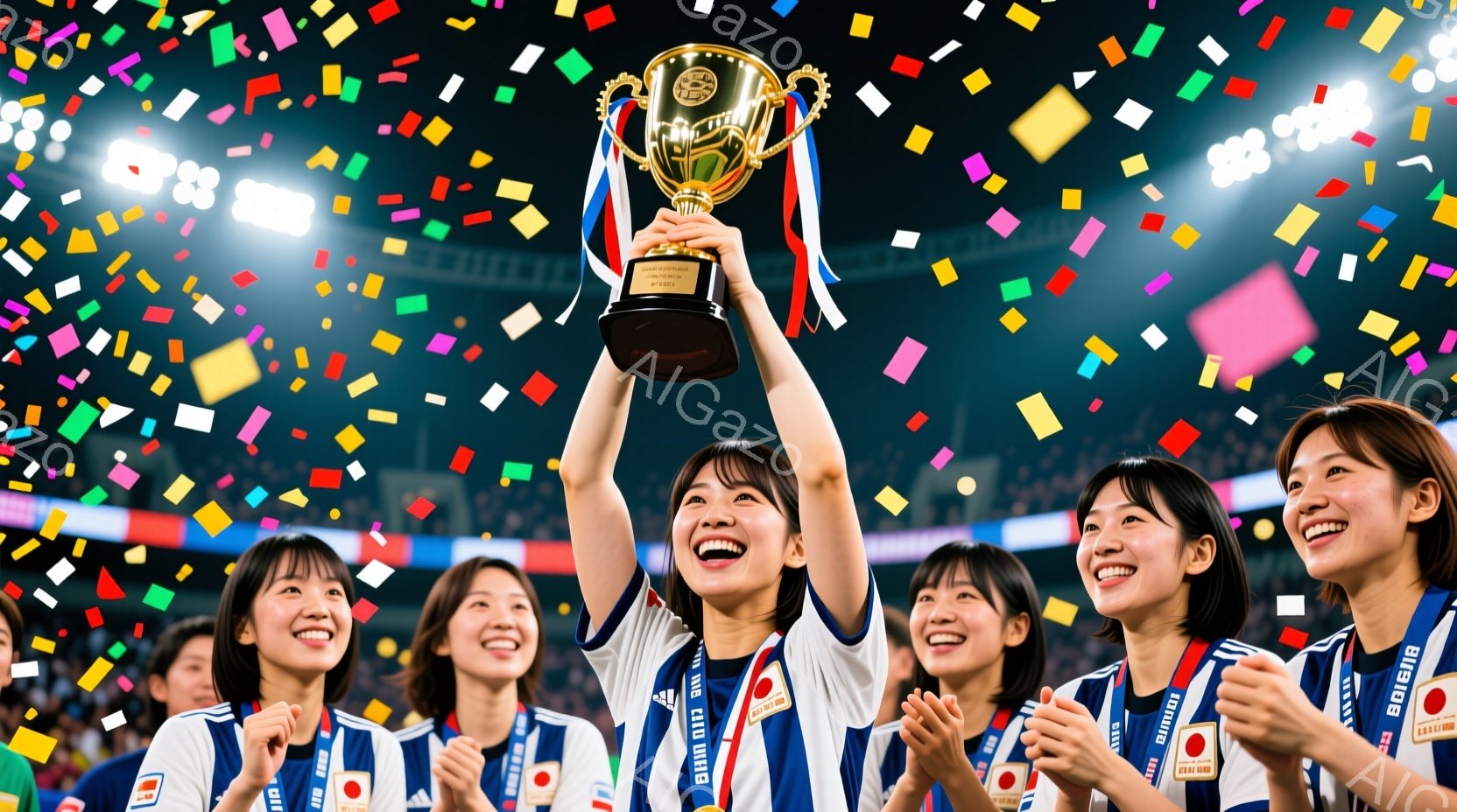 サッカーの試合で勝利した日本の女子選手たちが写っている。彼女たちは白いユニフォームに青いラインが入ったジャージを着ており、それぞれ首にメダルをかけている。選手たちは皆笑顔で、中央の選手がトロフィーを高々と掲げ、勝利を喜んでいる様子が伝わってくる。