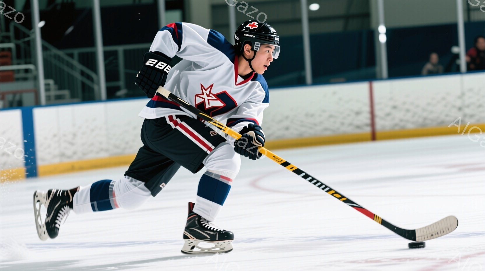 アイスホッケー選手が氷上を疾走している様子が写っている。彼は白、ネイビー、赤のホッケーユニフォームと黒いヘルメットを着用し、スティックを握ってドリブルしている。背景には観客席の一部と氷上のラインが見え - AI生成フリー素材