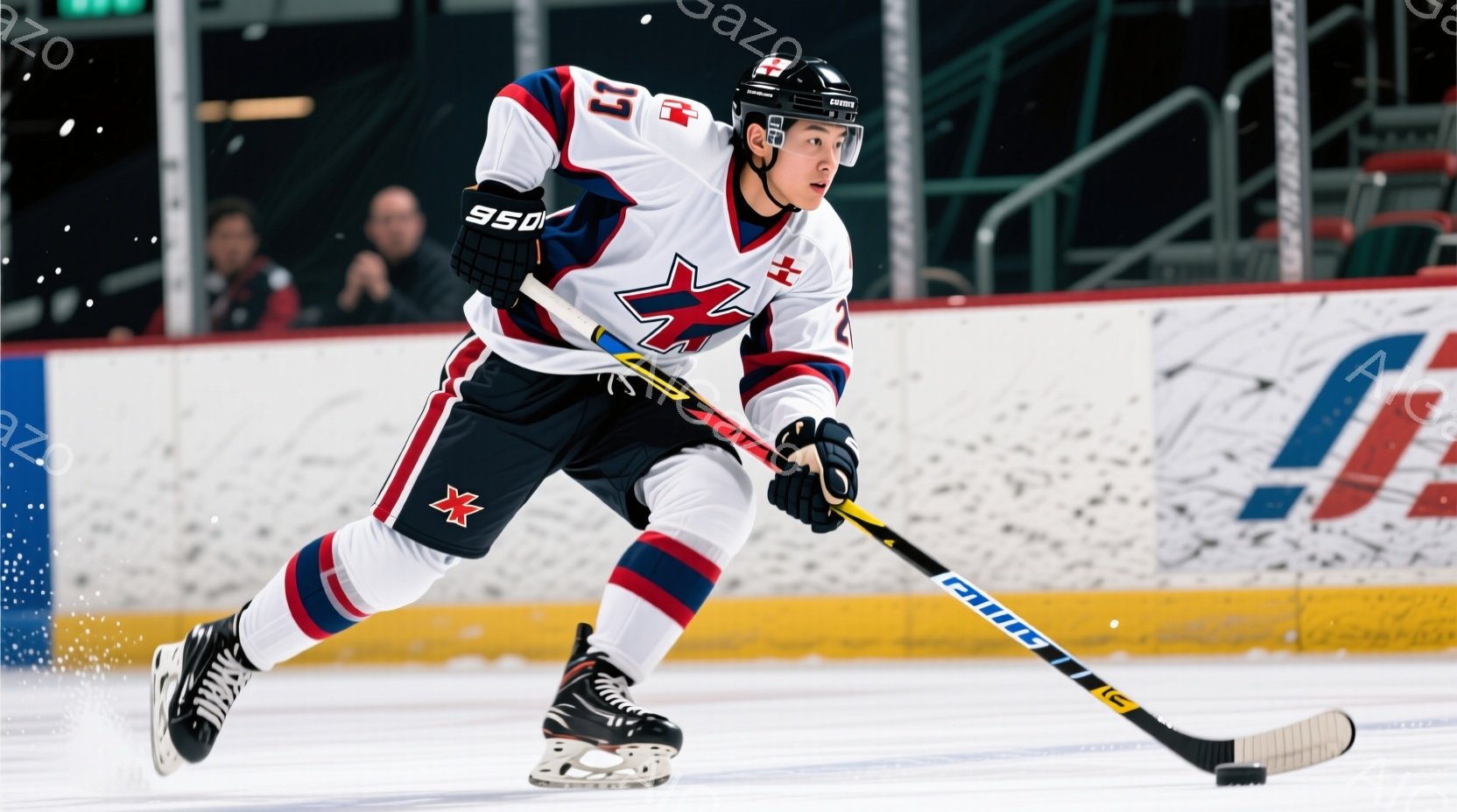 アイスホッケー選手がリンク上でプレーしている様子が写っている。赤、白、紺色のユニフォームを着用し、黒いヘルメットを被っている。集中した表情で、スティックを構え、滑走している姿はダイナミックで、競技の緊 - AI生成フリー素材