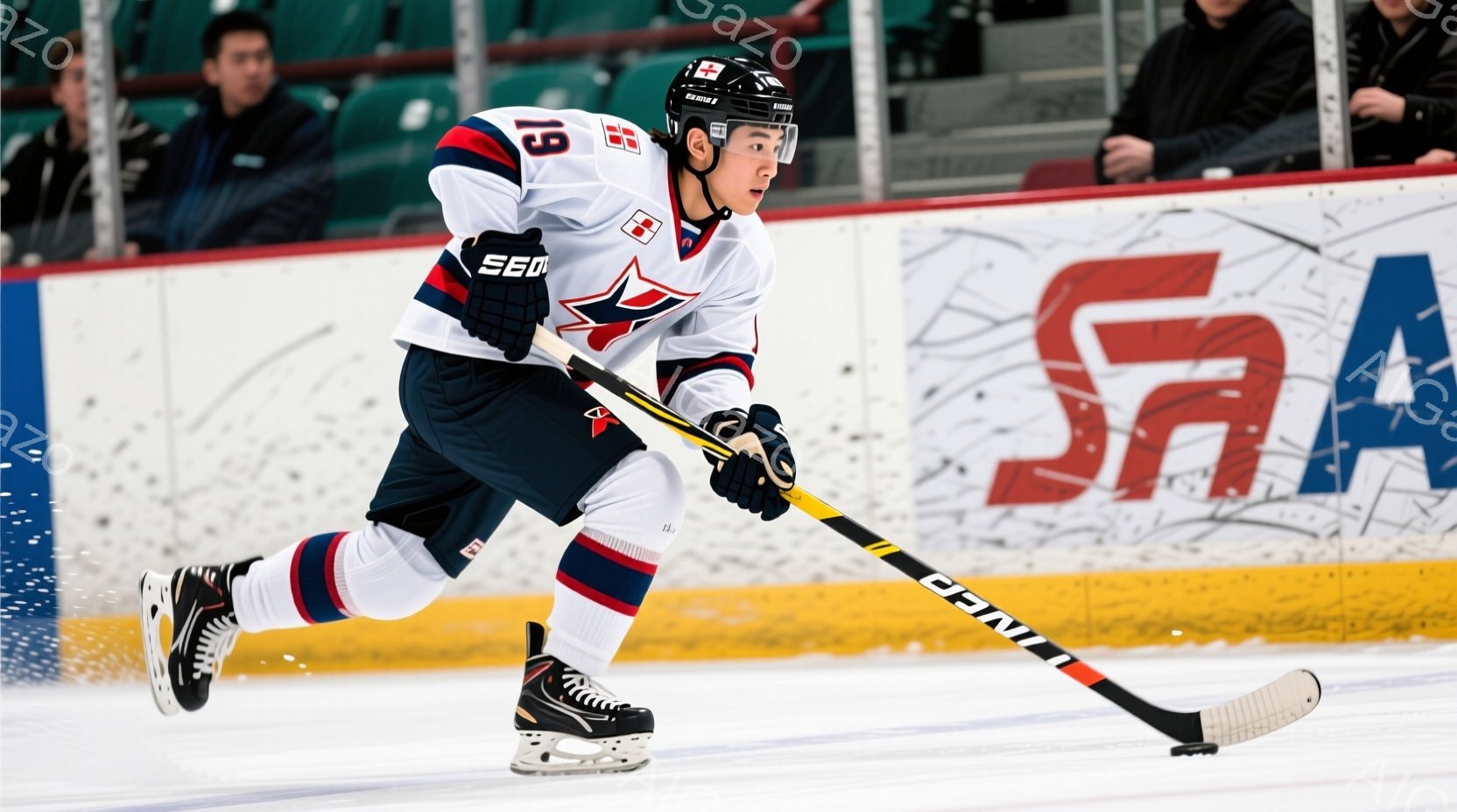 アイスホッケー選手が白いアイスリンク上でプレーしている様子が写っている。彼は赤と青のストライプが入った白いジャージ、黒いヘルメット、そして黒いホッケーパンツを着用し、スティックを握って前進している。背景にはぼやけた観客席が見え、リンクの端にはロゴが描かれている。