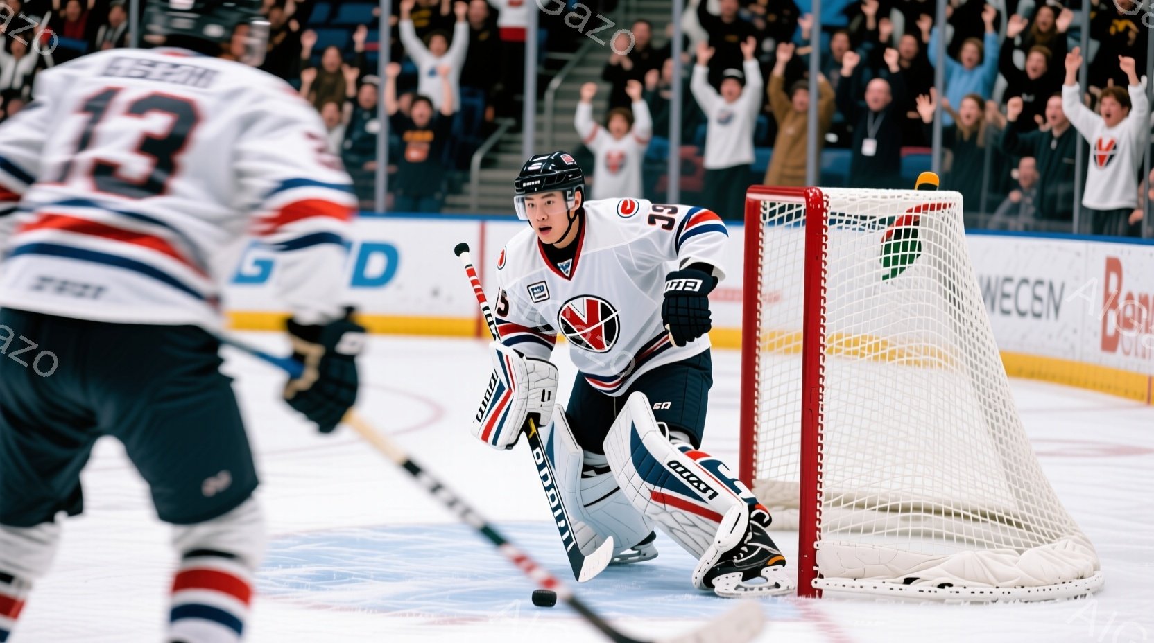 リンクホッケーの試合中の様子で、ゴールキーパーが集中した表情で構えています。白を基調としたユニフォームに、赤と紺のラインが入っており、ヘルメットを被っています。背景には観客席がぼやけており、試合の熱気 - AI生成フリー素材