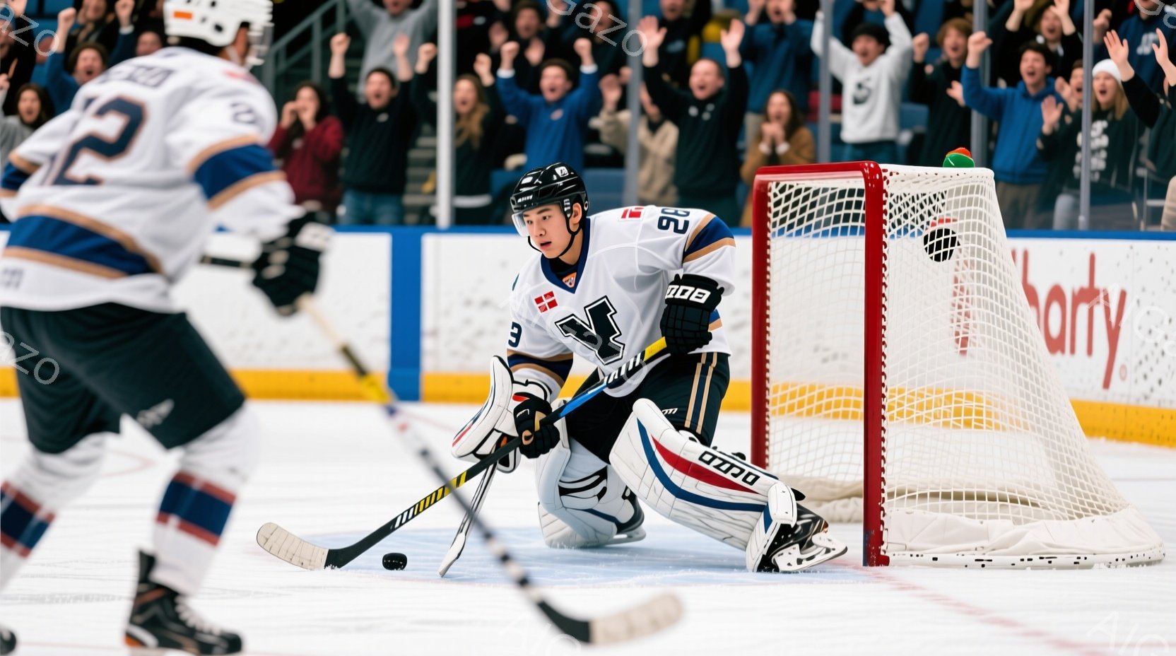 アイスホッケーの試合中の様子で、ゴールキーパーがしゃがみ込み、パックに集中して構えています。彼は白と黒のユニフォーム、ヘルメット、プロテクターを着用しており、真剣な表情でプレーに臨んでいます。背景には - AI生成フリー素材
