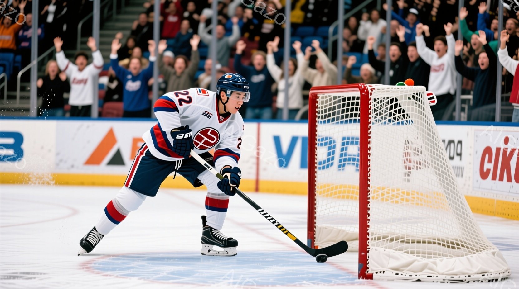 アイスホッケーの選手がリンク上にいます。彼は赤、白、青のストライプが入ったユニフォーム、ヘルメット、そしてスケートを着用しており、ホッケーのスティックを握り、集中した表情でゴールに向かって構えています - AI生成フリー素材