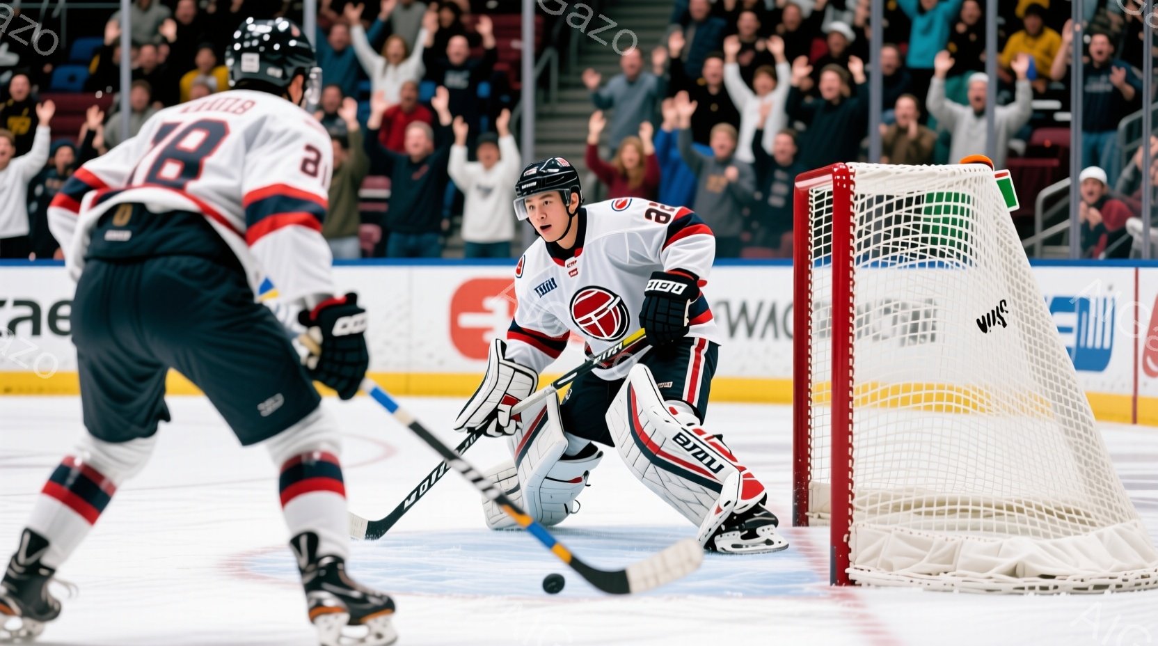 アイスホッケーの試合の様子で、ゴールキーパーが低い姿勢でパックに集中して向かっている。キーパーは白と赤のユニフォーム、ヘルメット、プロテクターを着用し、真剣な表情をしている。背景には観客席が見え、興奮 - AI生成フリー素材