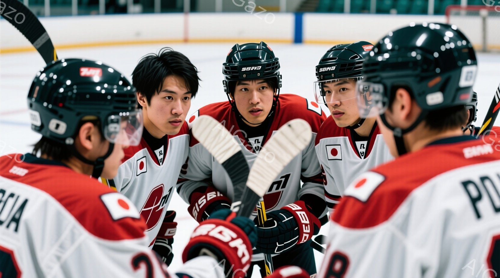 アイスホッケーの選手たちが円になって話している様子が写っています。選手たちは赤と白のユニフォーム、ヘルメットを着用し、真剣な表情で互いに視線を交わしています。背景はアイスホッケーリンクで、全体的に集中 - AI生成フリー素材