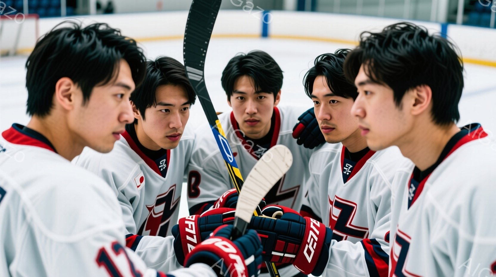 4人の若い男性がアイスホッケーの練習中に身を寄せ合っている様子が写っている。彼らは皆、日本代表のエンブレムが入った白いホッケーユニフォームと黒いグローブを着用し、真剣な表情で中央に置かれたホッケーパックを見つめている。背景はアイスホッケーリンクで、リンクの壁には広告が表示されており、チームの結束力と集中力が感じられる雰囲気である。