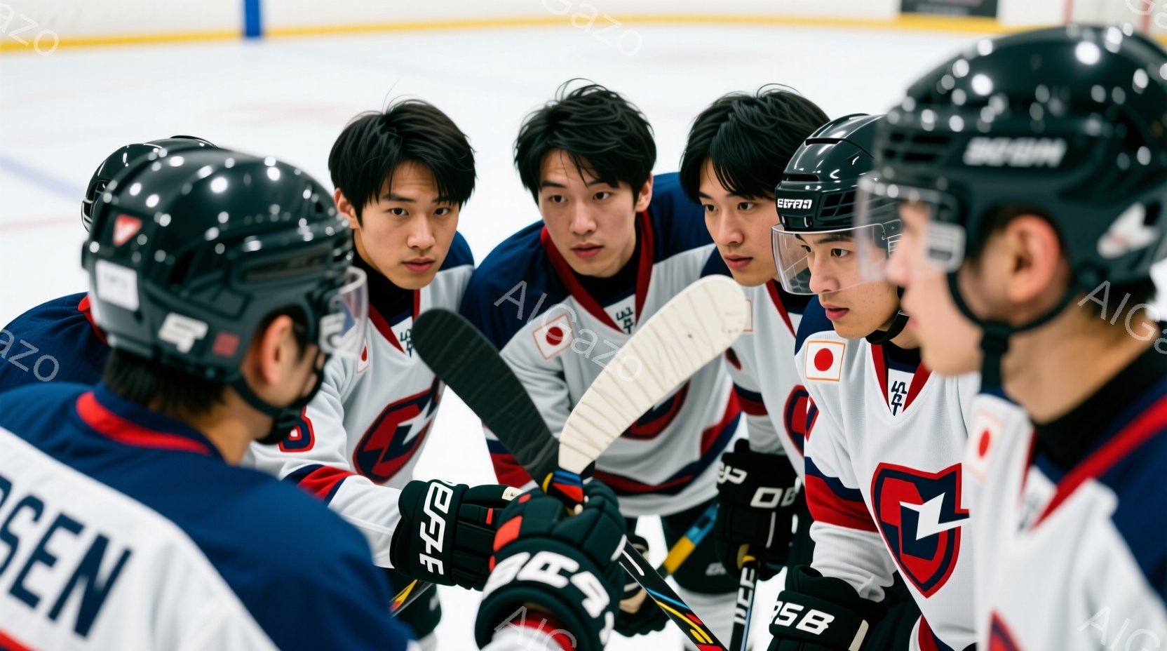 複数のアイスホッケー選手が円になって話している様子が写っている。選手たちはヘルメットとユニフォームを着用し、真剣な表情で互いに向き合っている。背景はアイスホッケーリンクで、氷の表面が確認できる。 - AI生成フリー素材