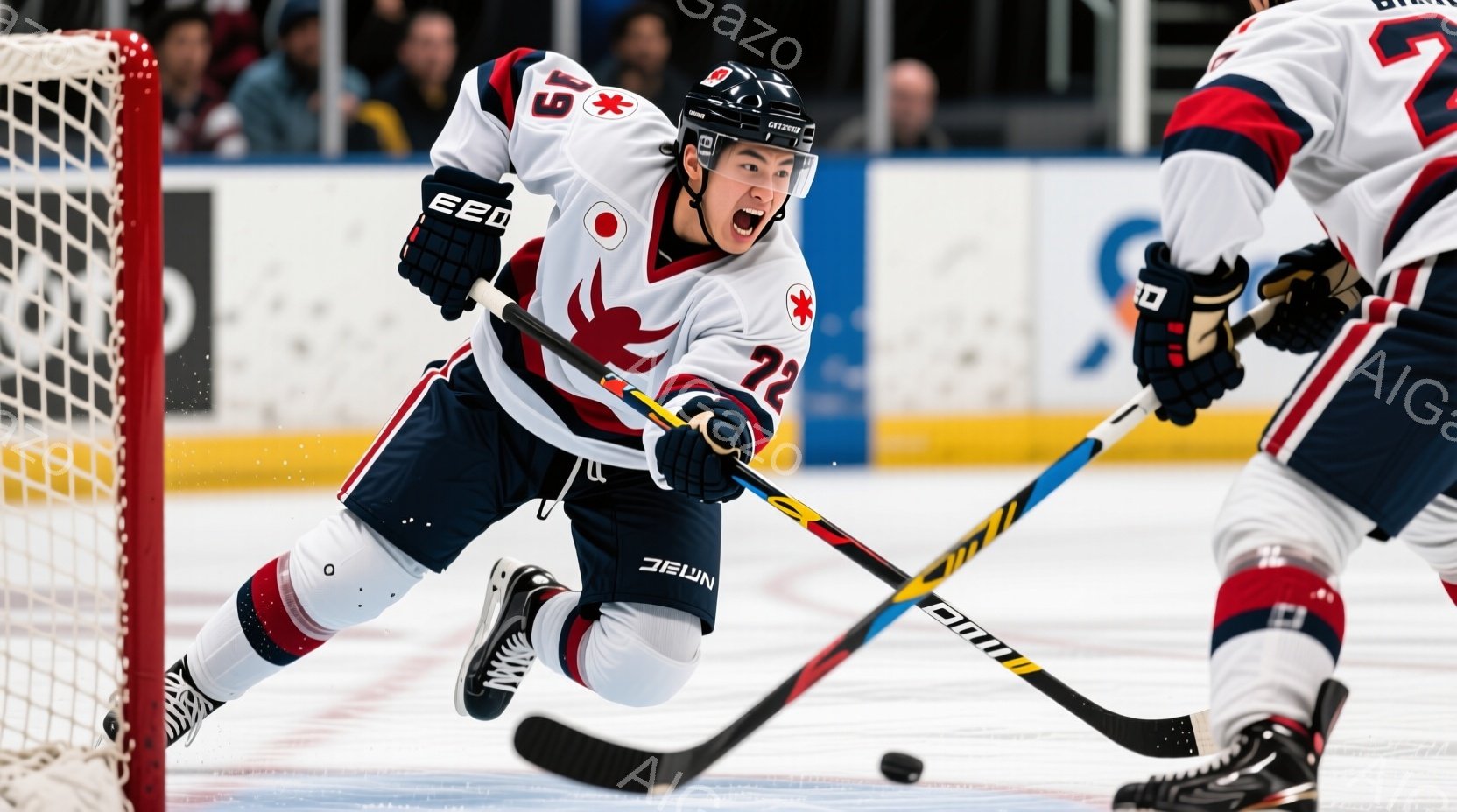 アイスホッケーの試合中の選手が写っています。白を基調としたユニフォームに赤いラインと日本の国旗をモチーフにしたデザインが施されており、22番の背番号が確認できます。選手は膝をつき、ホッケーのスティックを構え、力強くパックを打ち込もうとする姿勢で、集中した表情を浮かべています。