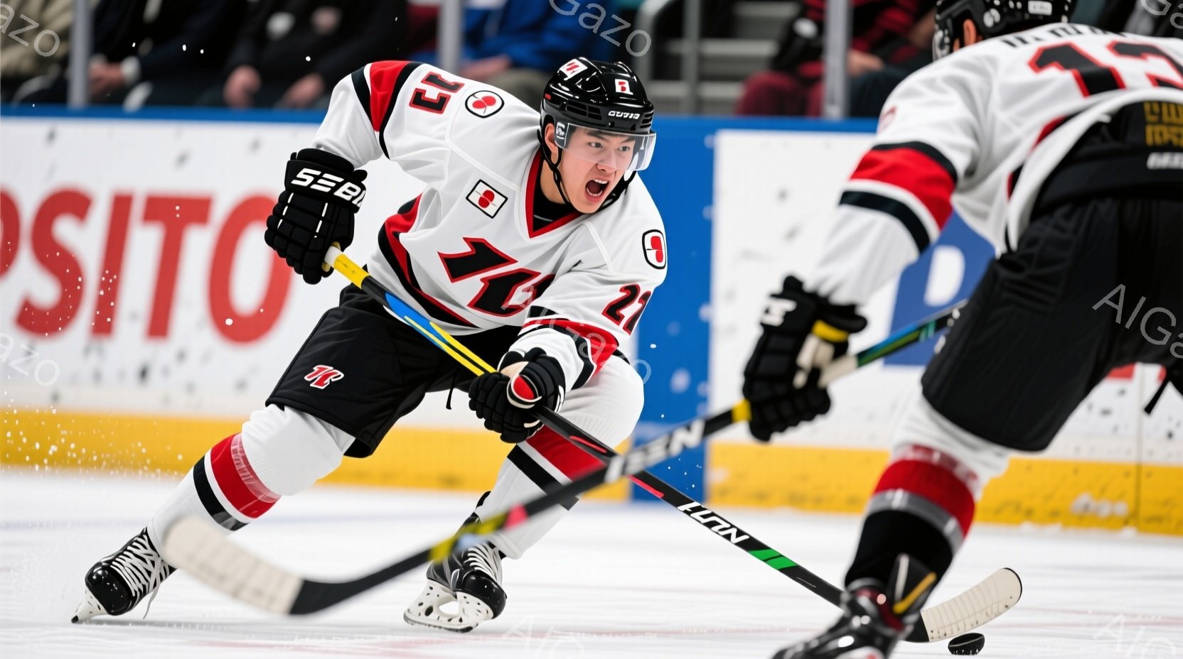 アイスホッケー選手がリンク上でプレーしている様子が写っている。彼は黒と赤のユニフォーム、ヘルメットを着用し、左手にホッケーのスティックを持ち、決意に満ちた表情で前を見据えている。背景には他の選手や観客席がぼやけており、活気のある試合の雰囲気が伝わってくる。