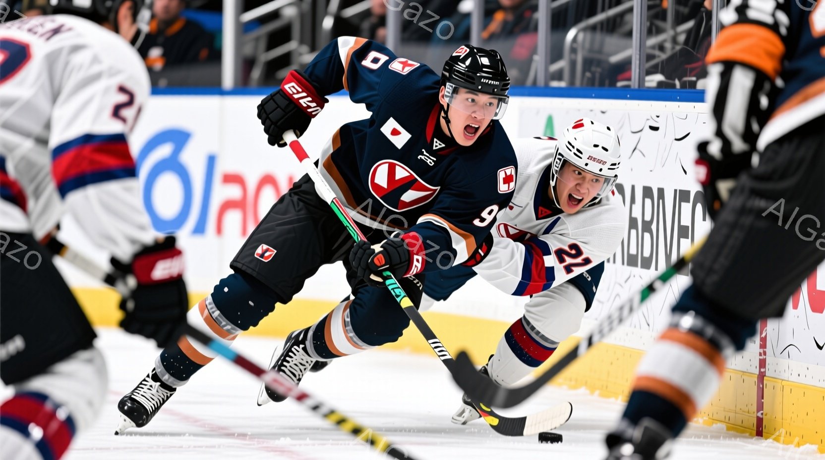 アイスホッケーの試合中の様子で、紺色のユニフォームを着た選手が激しいプレーを見せている。彼は片膝をつき、スティックを構え、力強い表情で試合に集中している。背景には他の選手や観客席が見え、試合の熱気を感じさせる。