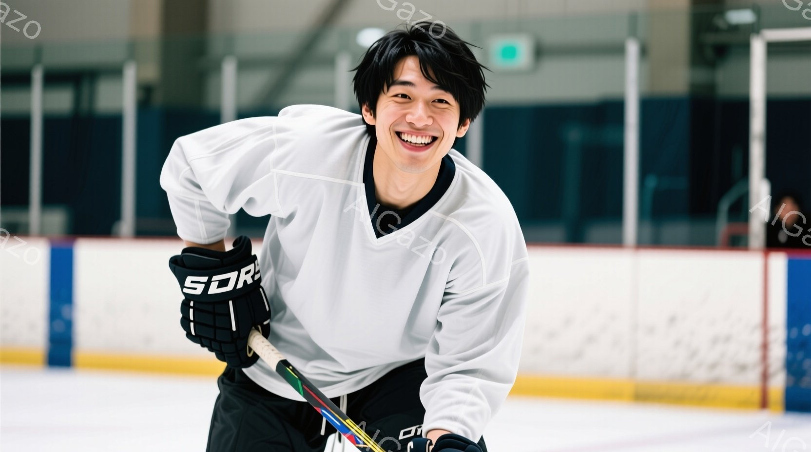 アイスホッケーリンクにいる若い男性が写っています。彼は白いジャージと黒いパンツ、そしてホッケーグローブを着用し、ホッケーのスティックを持っています。笑顔で少し体を傾けており、リンクの青い壁と白い氷が背景に見えます。