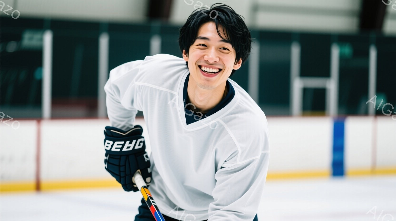 この男性はアイスホッケーのリンクに立っており、白いジャージと黒いグローブ、そしてホッケースティックを持っています。彼は満面の笑みを浮かべ、少し体をひねったポーズで、とても楽しそうな様子です。背景にはリンクの壁や氷が見え、全体的に明るく活気のある雰囲気です。