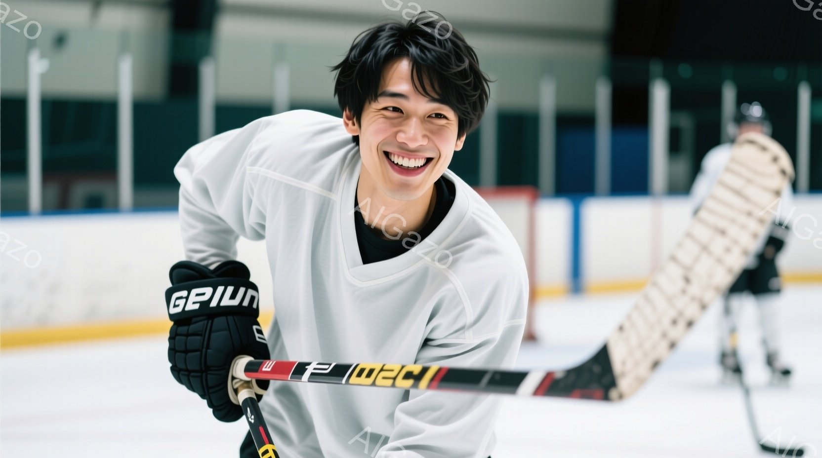 笑顔が印象的な若い男性がアイスホッケーのスティックを持って写っています。彼は黒いヘアスタイルで、白いホッケースウェットと黒いグローブを着用しており、満面の笑みを浮かべています。背景にはアイスホッケーリンクがあり、他の選手もぼんやりと見え、活気のある雰囲気が漂っています。