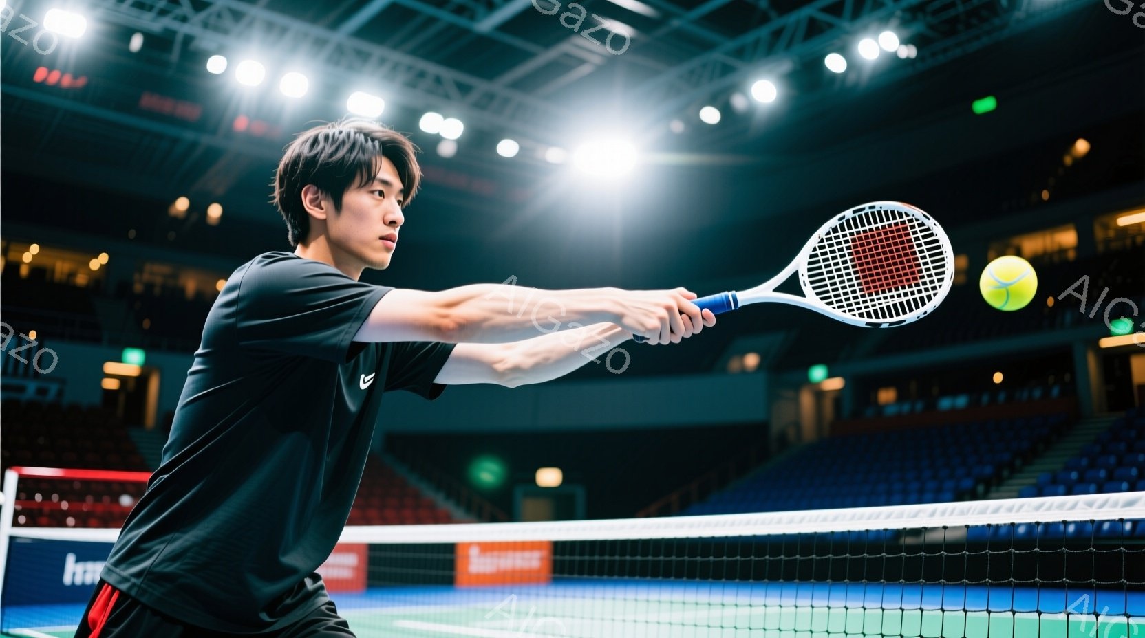 競技場でテニスをする男性が写っている。黒いTシャツと赤いショートパンツを着ており、少し前かがみの姿勢でラケットを振りかぶっている。背景には観客席が見え、競技場の照明が明るく照らし出されている。