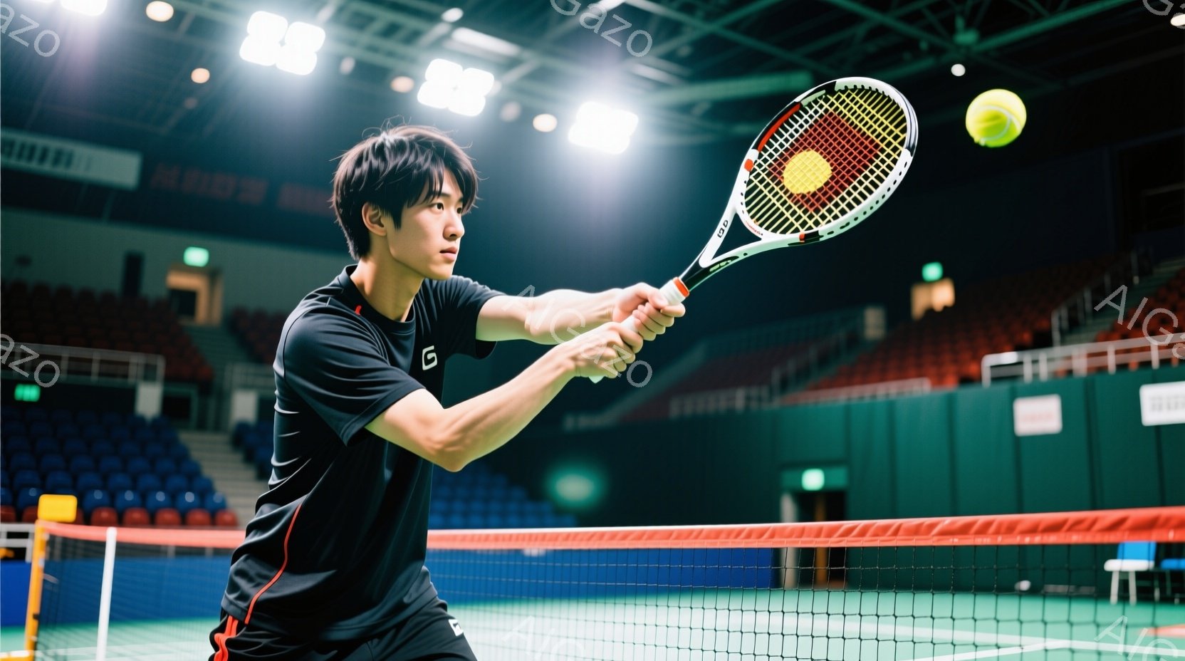 若い男性テニス選手が、フォアハンドストロークの構えでテニスボールを打とうとしている瞬間を捉えた写真です。黒いテニスウェアに赤いラインが入り、短髪で集中した表情をしています。背景には観客席とネット、そしてテニスコートの緑色の床が見え、屋内競技場の雰囲気が漂っています。