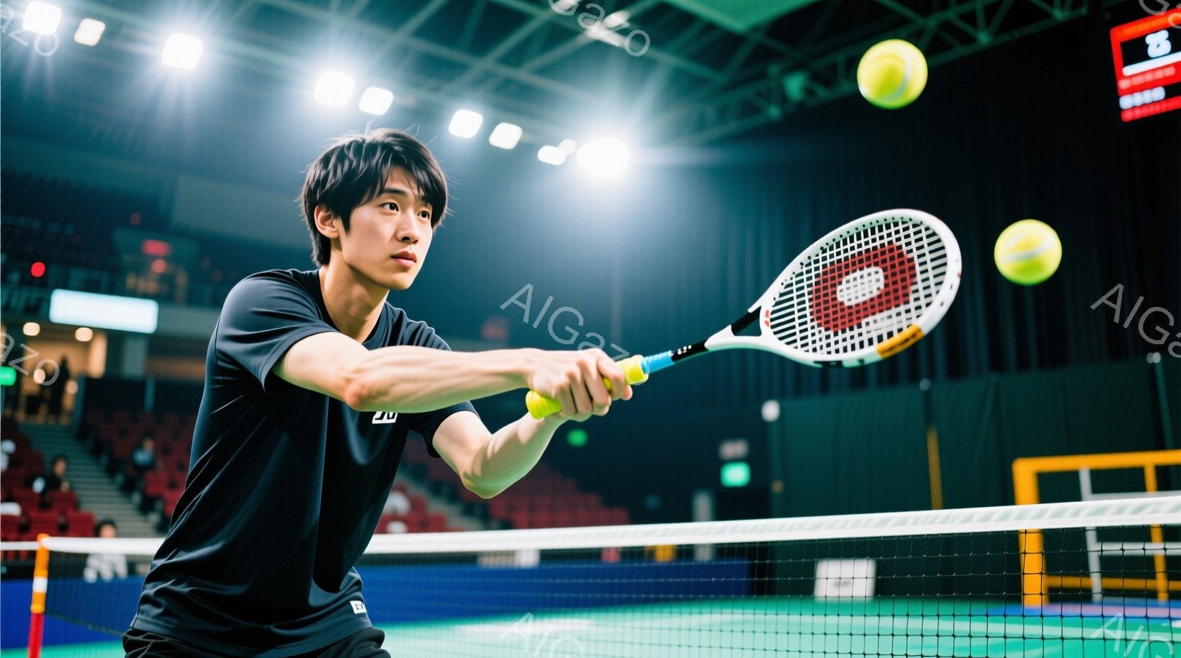 男性のテニス選手が、黒い半袖シャツと白い短パン姿で、テニスラケットを構えてフォアハンドショットを打とうとしている瞬間を捉えた写真です。 彼は少し前かがみになり、集中した表情でボールを見つめています。背景には観客席とネット、そして室内テニスコートの様子が見え、競技の緊張感と活気が伝わってきます。