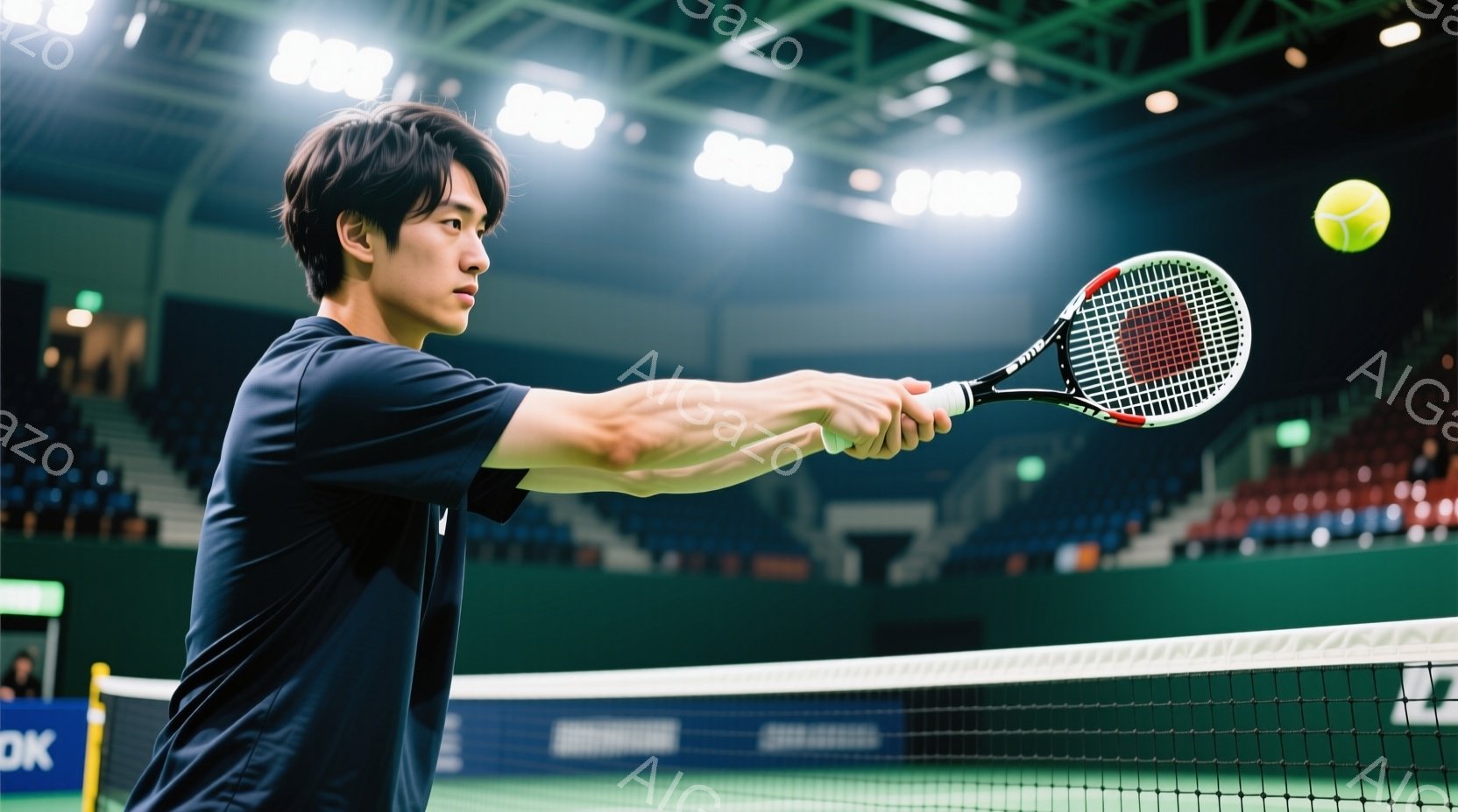 競技場でテニスをする男性が写っています。彼は黒い半袖シャツを着ており、短髪で、集中した表情でフォアハンド打ちを行っています。背景には観客席が見え、屋内の競技場の明るい照明が照らされています。