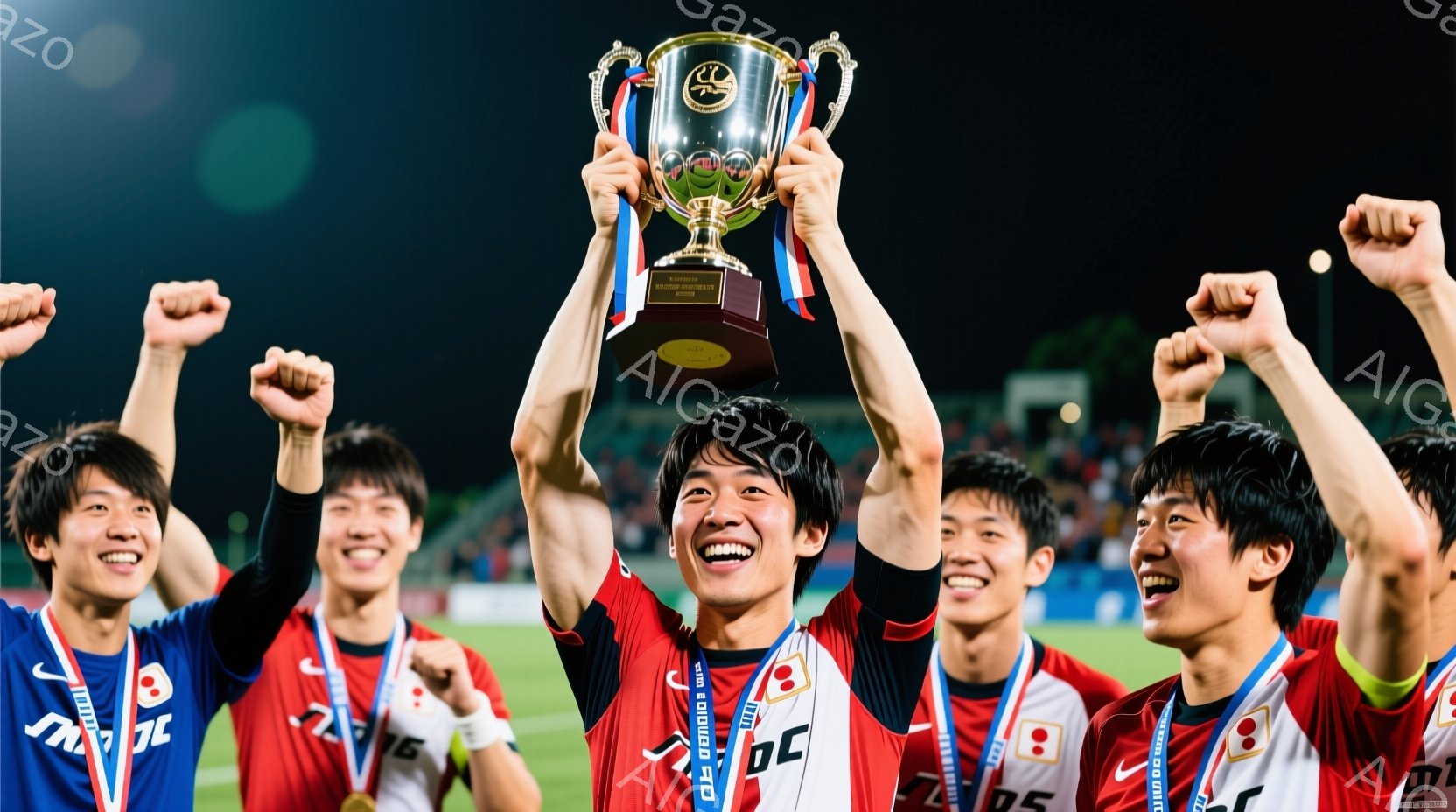 複数のサッカー選手が、勝利を祝うようにトロフィーを高々と掲げています。赤いユニフォームに白いラインが入り、首にはメダルがかけられています。背景は暗く、夜のスタジアムの芝生が広がっており、勝利の興奮と喜 - AI生成フリー素材