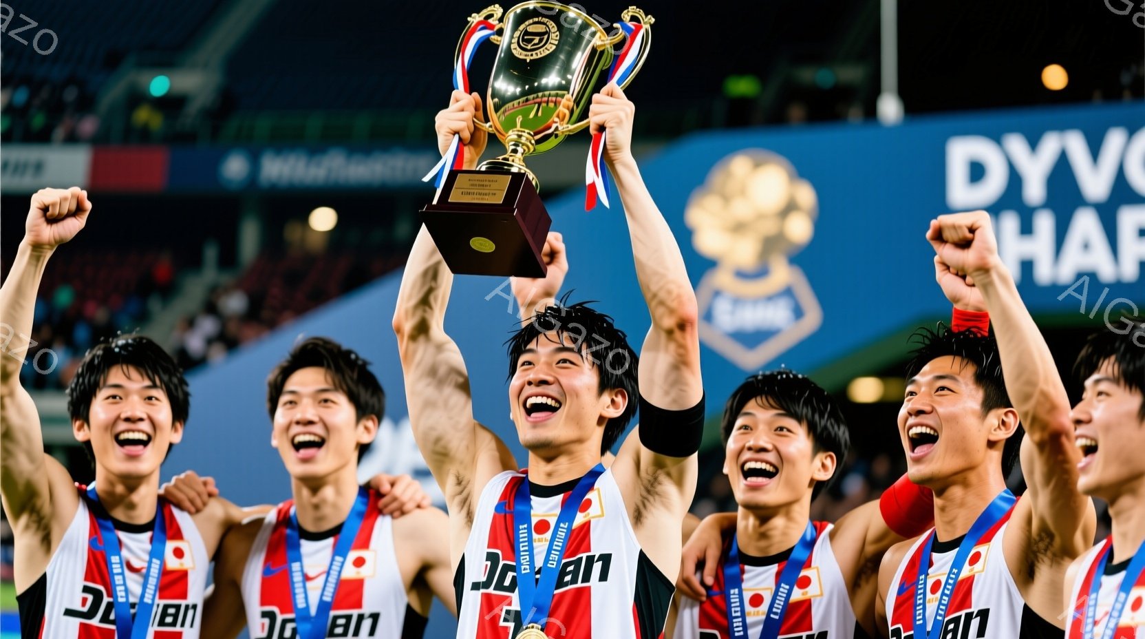 選手たちが勝利のトロフィーを高く掲げ、満面の笑みを浮かべている様子が写っている。白いユニフォームに赤いラインと青いアクセントが入っており、首にはメダルがかけられている。背景にはぼやけた観客席と広告が見え、勝利の喜びと興奮に満ちた雰囲気が伝わってくる。