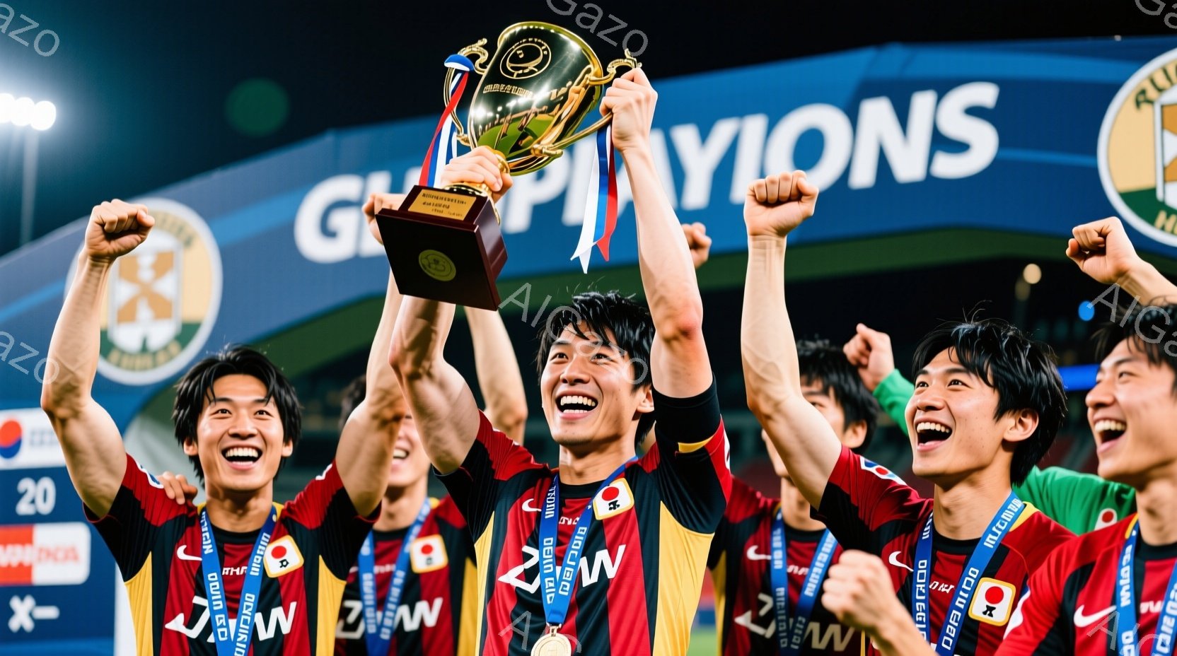 チームが大胆に喜びを表現し、自信をアピールする姿勢をとっている。選手たちは、チャンピオンとなり、金色のトロフィーを抱き合い、笑顔で喜びを広げている。