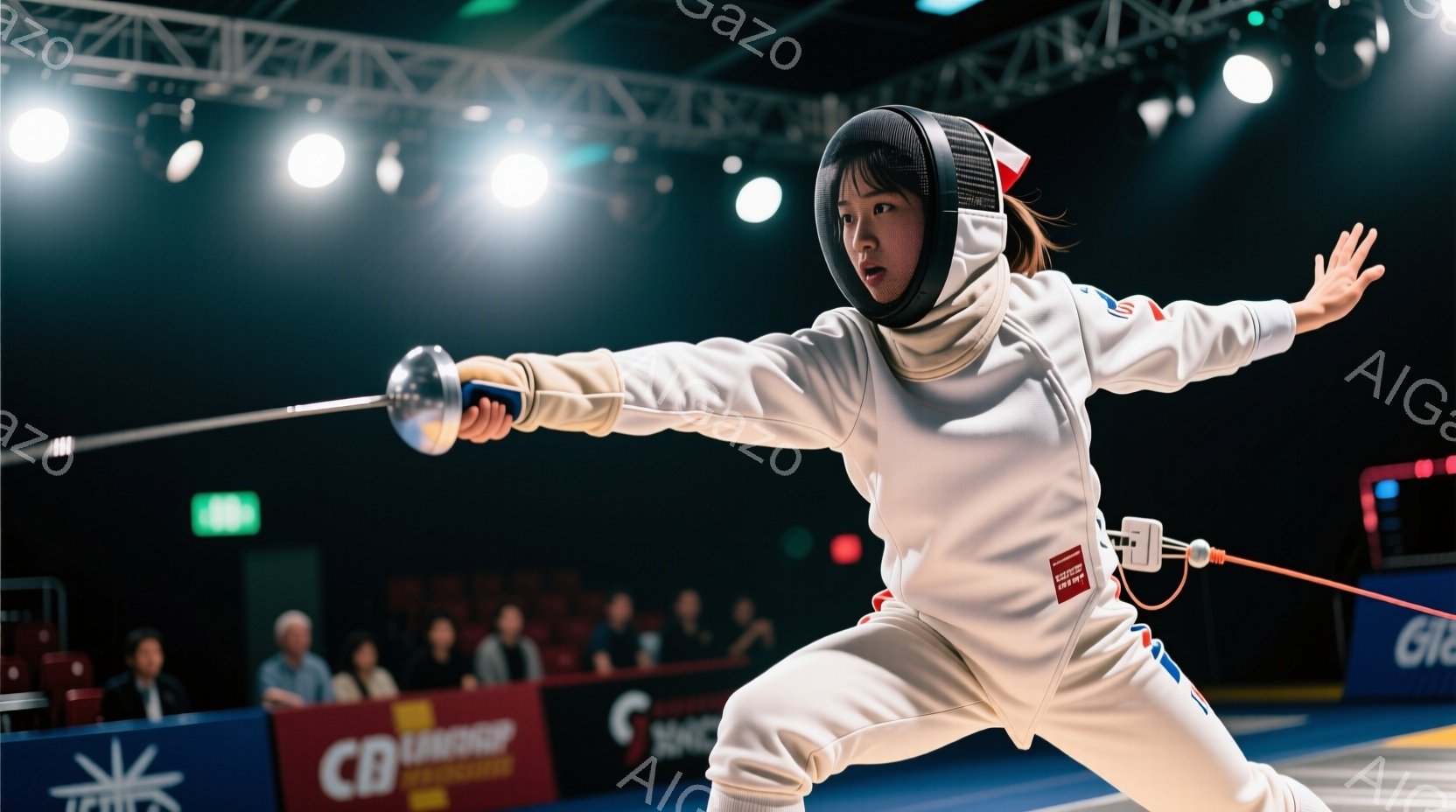 フェンシングの競技者が、白いフェンシングスーツとマスクを着用し、剣を構えて競技に臨んでいる様子が写っている。競技者は膝を曲げ、重心を低く保ちながら、鋭い眼差しで相手を見据えている。背景には観客席とフェ - AI生成フリー素材
