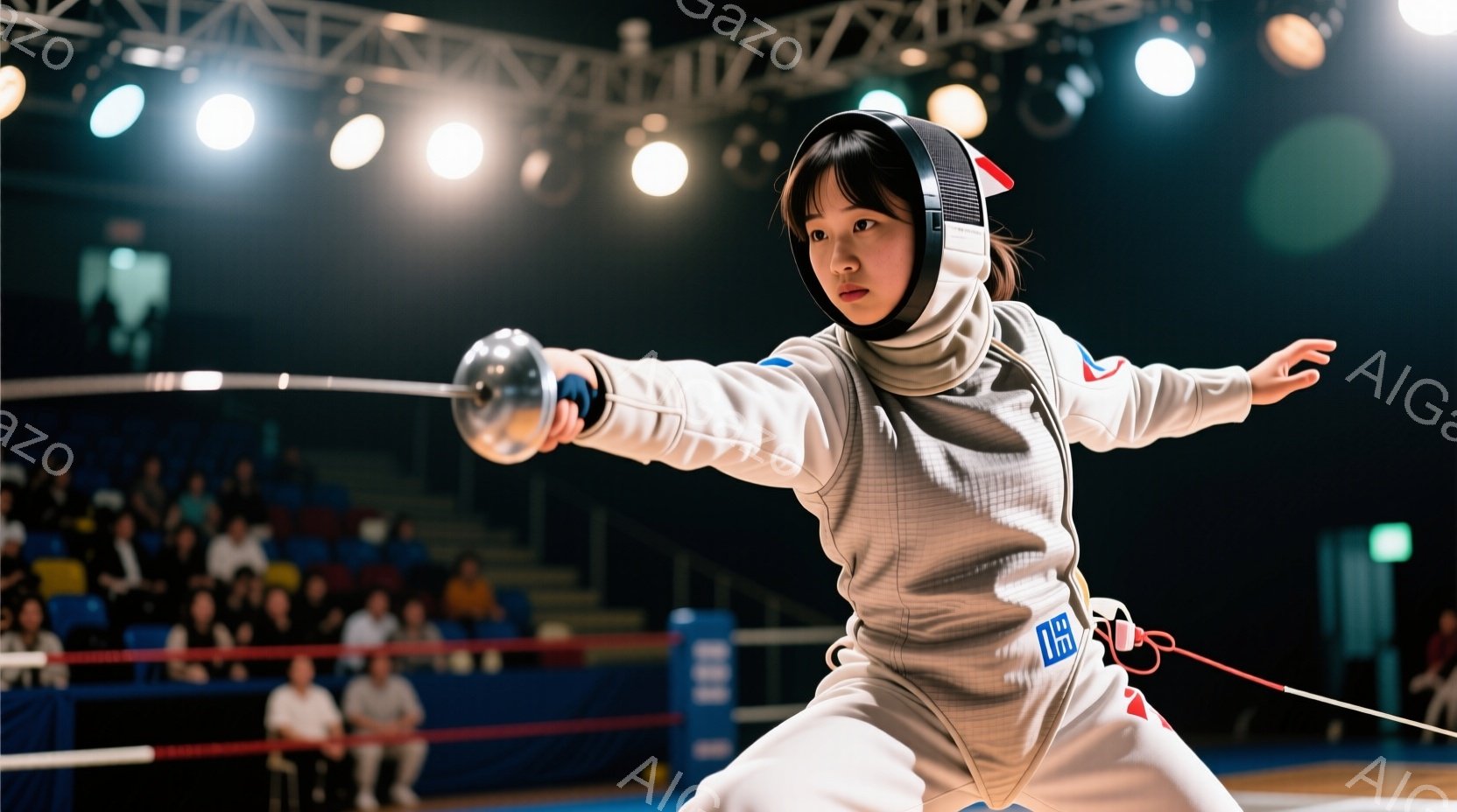 人物：宇宙飛行士、手に刃物を持って、戦術的な姿勢、髪はロングヘア、表情は冷静で焦りがない。 全体の雰囲気は、未来的で高飛びな美しさとエネルギッシュな印象を与える。