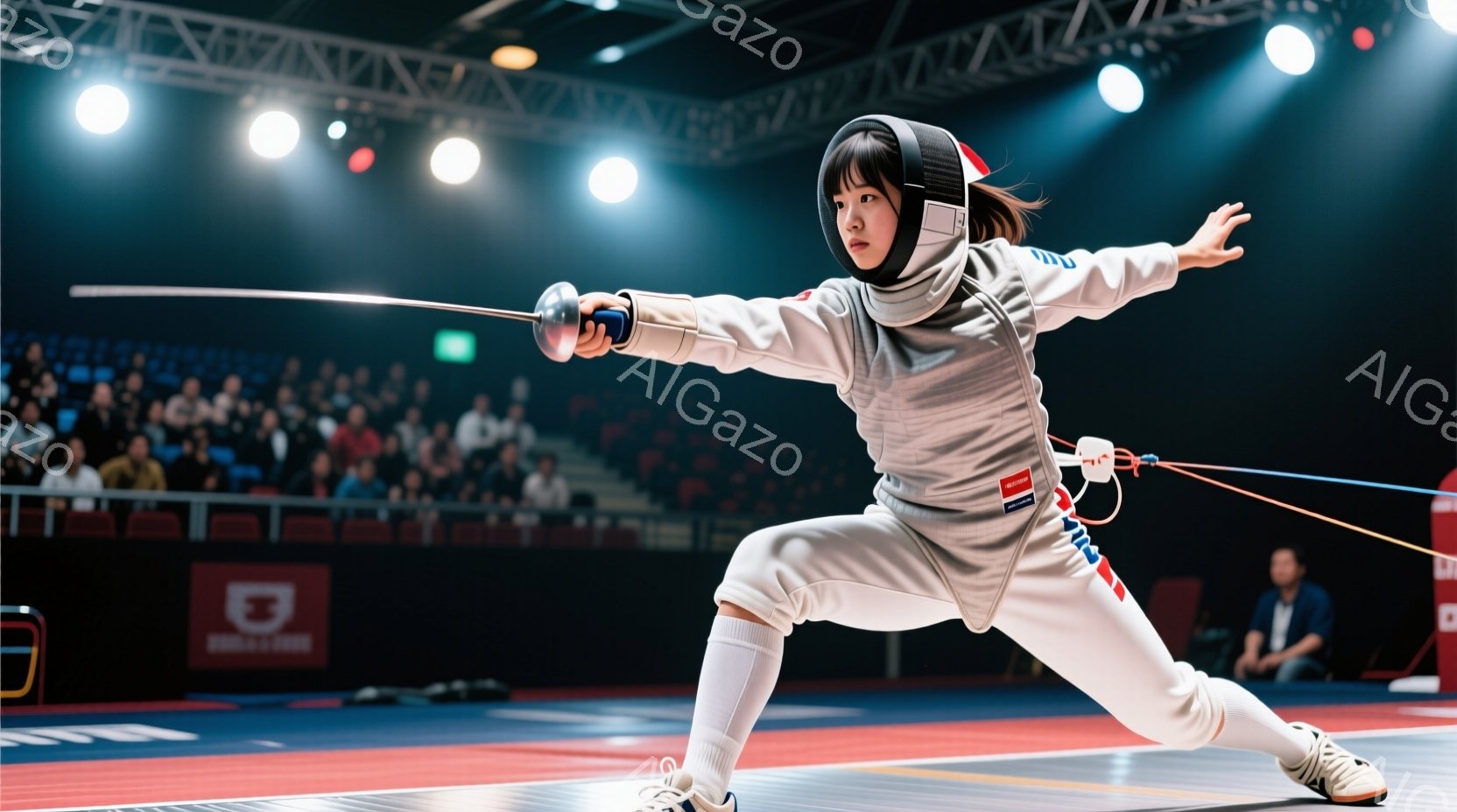 競技場のフェンシングコートで、青色のフェンシングユニフォームと白いマスクを着用した女性アスリートが、剣を構えてポーズをとっています。彼女は前かがみの姿勢で、左足を前に出し、力強く攻撃態勢に入っており、集中した表情をしています。背景には観客席が広がり、競技場の照明が彼女を照らし出しています。