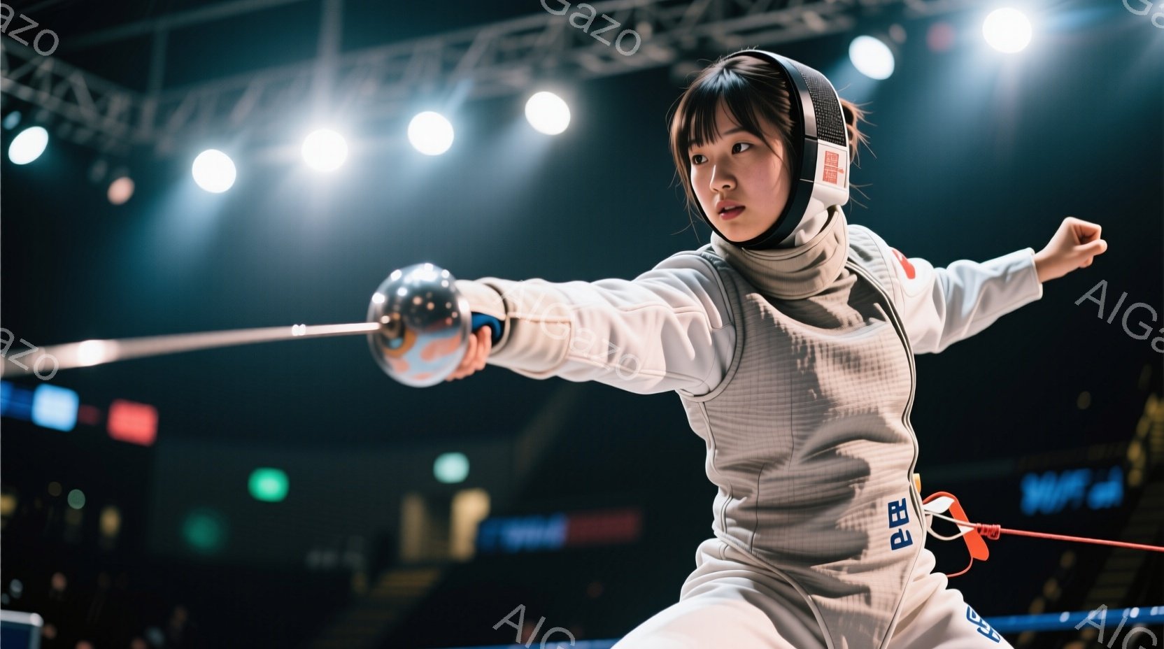 フェンシングの選手が競技に集中した様子が写っている。白と紺色のフェンシングユニフォームを着用し、頭にはプロテクターをつけている。彼女は剣を構え、前方に視線を集中しており、競技への強い集中力と緊張感が伝わってくる。