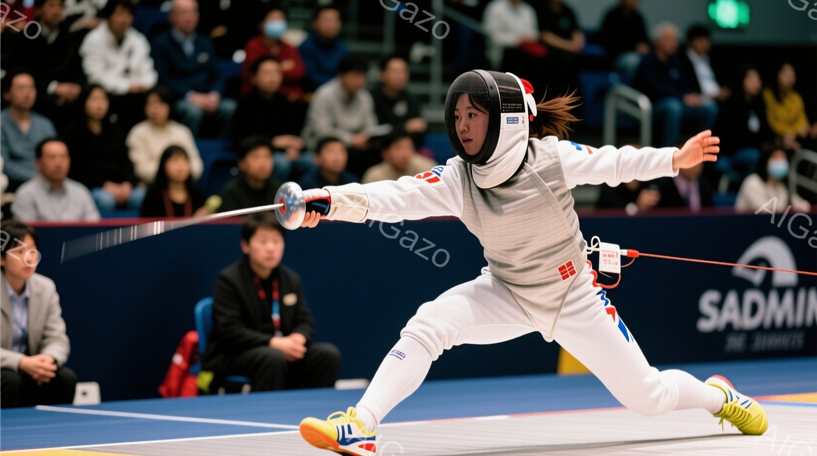 フェンシングの試合中の女性競技者が写っている。白を基調としたフェンシングスーツに身を包み、頭にはプロテクターを装着し、ポニーテールで髪をまとめて試合に集中している。彼女は右手に剣を持ち、左足を大きく踏み出して攻撃態勢をとっており、背景には観客席とスポンサーロゴが見える。