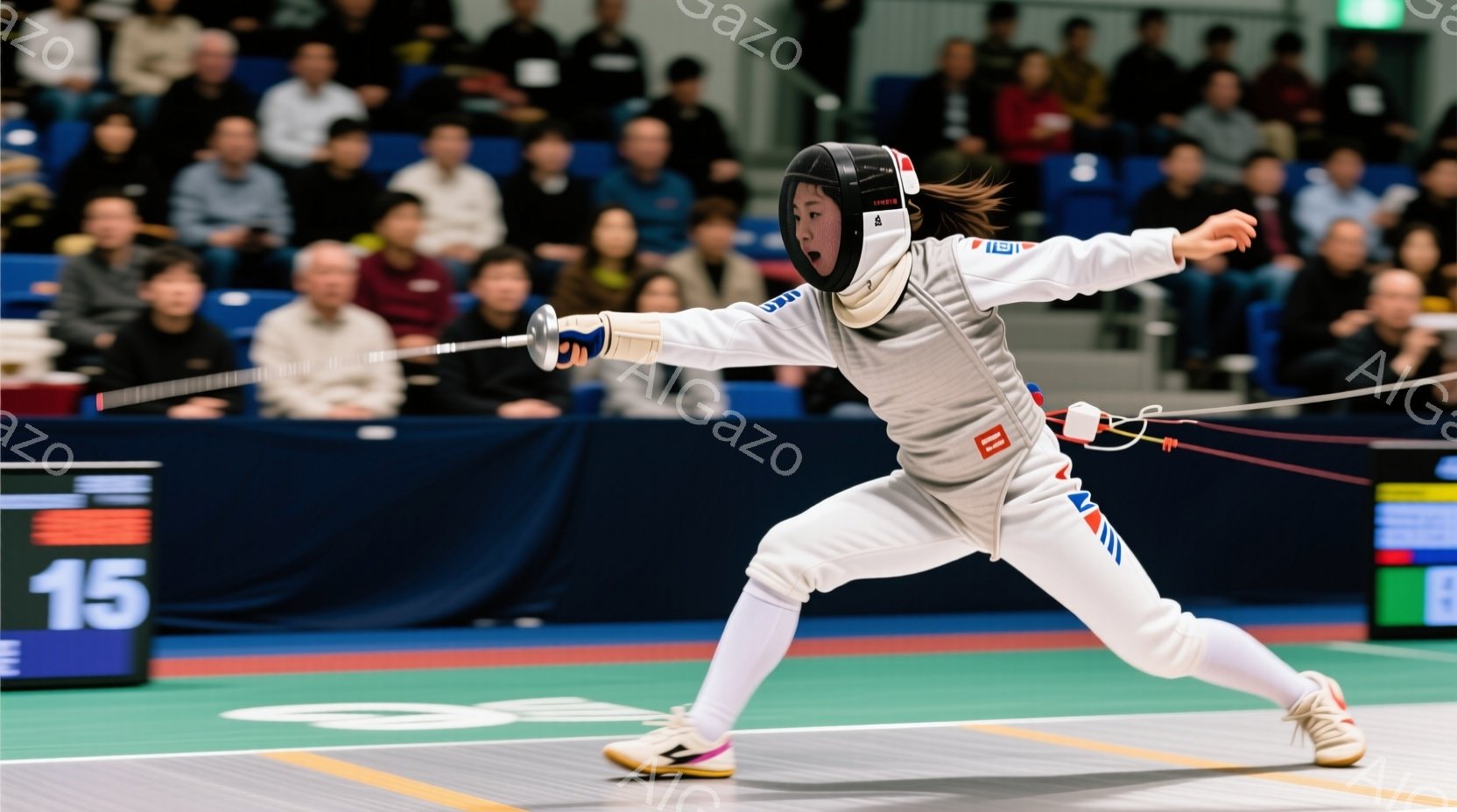 フェンシング競技中の女性選手が写っている。白いフェンシングスーツにヘルメットとプロテクターを着用し、右手にエペを構え、左手を前に出して攻撃態勢を取っている。背景には観客席が見え、床は緑色と白のチェック模様で、競技場の雰囲気を感じさせる。