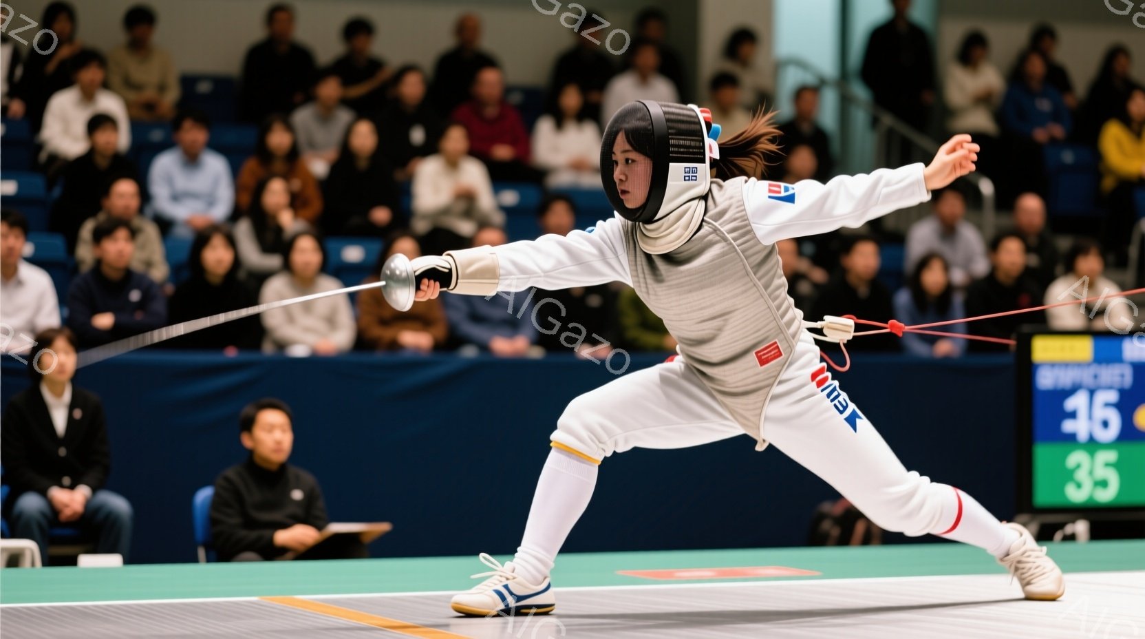 フェンシングの競技者が試合中です。白いフェンシングスーツに青いアクセント、ヘッドギアとマスクを着用し、髪はポニーテールにまとめられています。競技者は右足を前に出し、フェンシングの剣を構え、集中した表情 - AI生成フリー素材