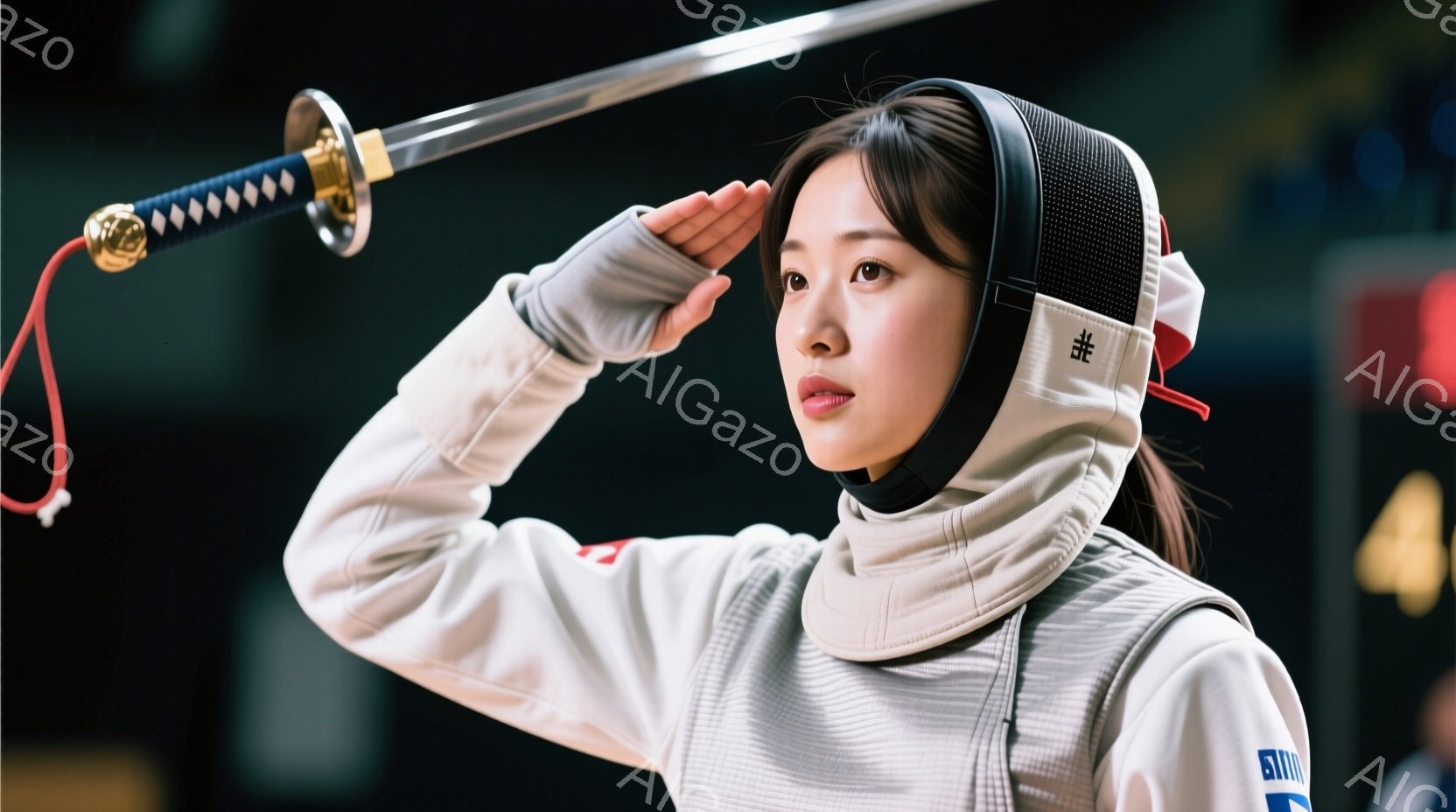 白いフェンシングスーツに身を包み、ヘッドギアを着用した女性が写っている。彼女は右手を額に当てて、どこか真剣な表情で何かを見つめているようだ。背景は薄暗い競技会場で、わずかに観客席や設備が見える。