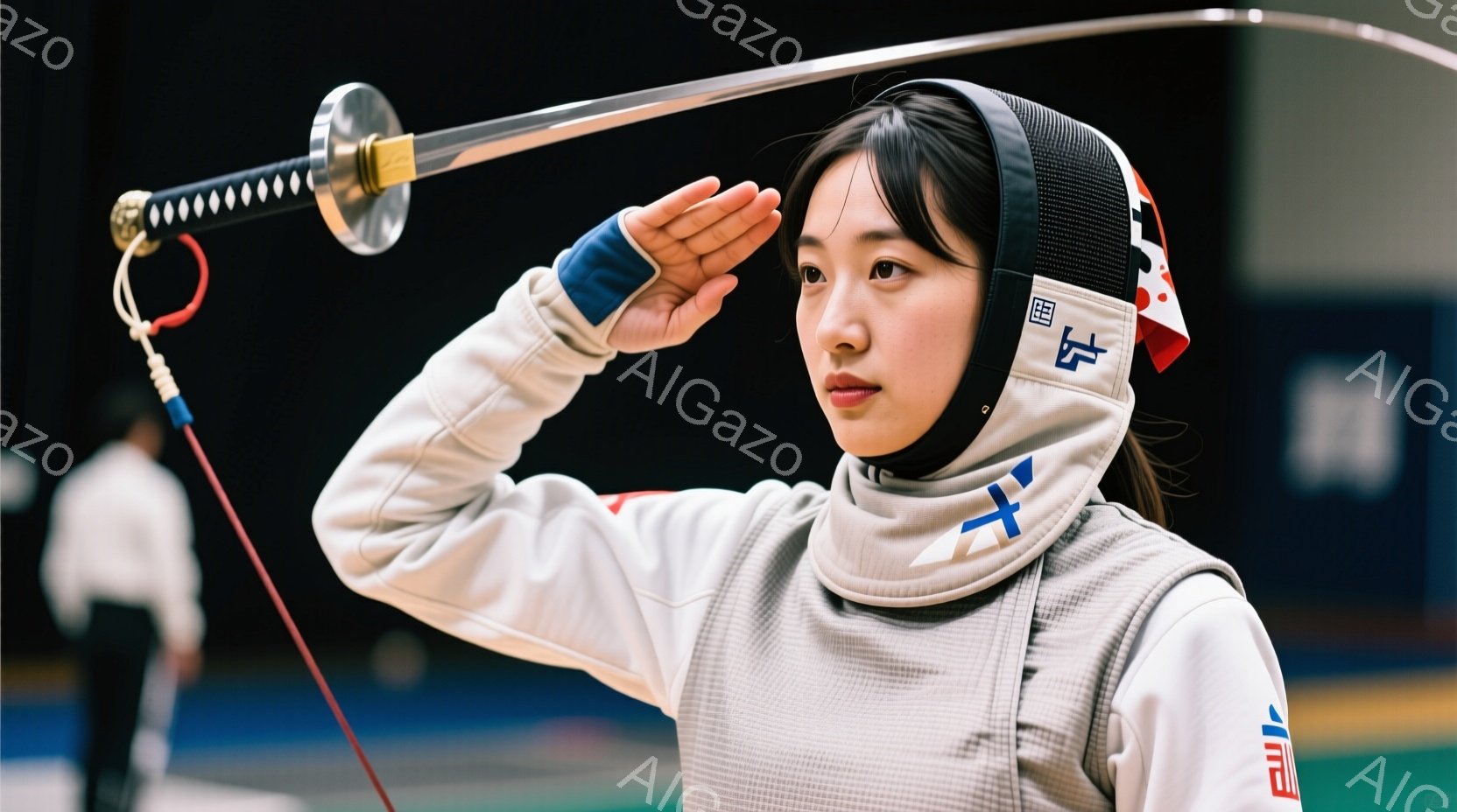 フェンシングの選手が、白いフェンシングスーツとヘッドギアを着用し、フェンシングの剣を高く掲げています。彼女は真剣な表情で、右手を上げてヘッドギアに触れています。背景にはぼやけたフェンシングコートが見え、競技会場の雰囲気を感じさせます。