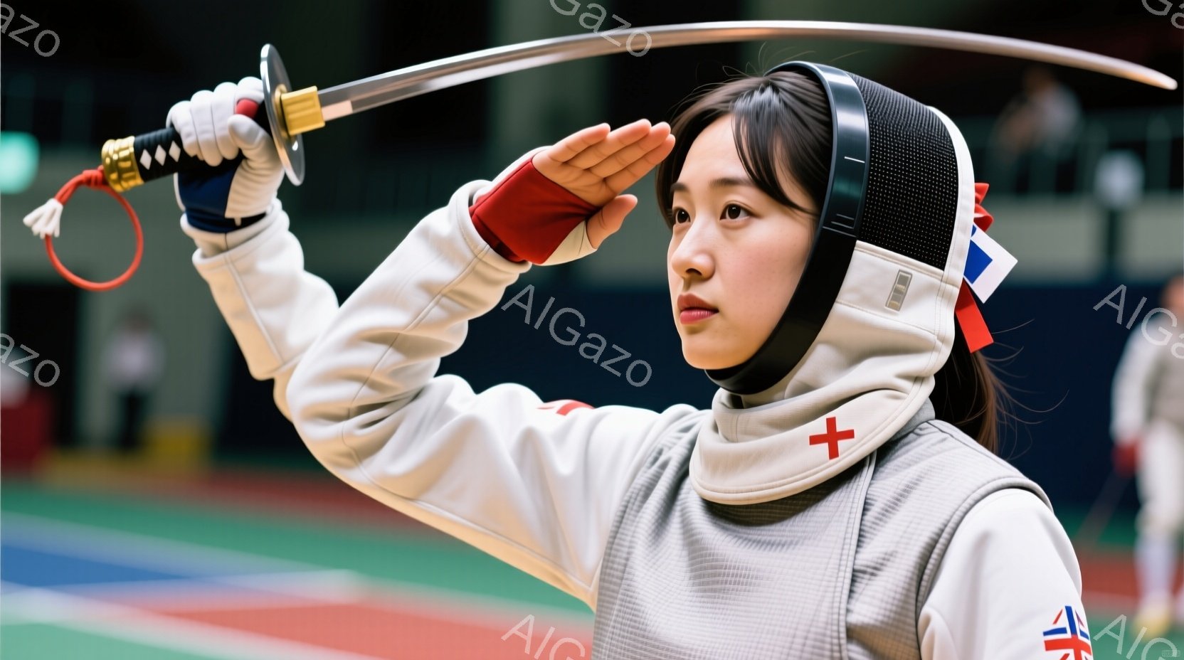 白いフェンシングスーツに身を包み、赤い袖と胸当てが印象的な女性アスリートが写っている。彼女はフェンシングマスクを被り、片手にエペを構え、鋭い眼差しで何かを見据えている。背景にはぼやけたフェンシングコートと観客席が見え、競技の緊張感が伝わる。