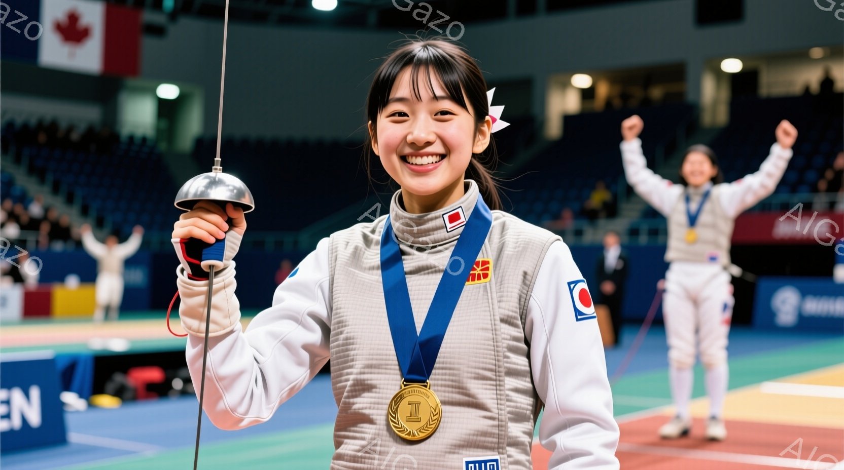 フェンシングのユニフォームを着て、金メダルを首から下げた若い女性が写っています。彼女は笑顔でフェンシングの剣を高く掲げており、背景にはもう一人のフェンサーが両手を上げて喜んでいます。会場は屋内競技場で - AI生成フリー素材