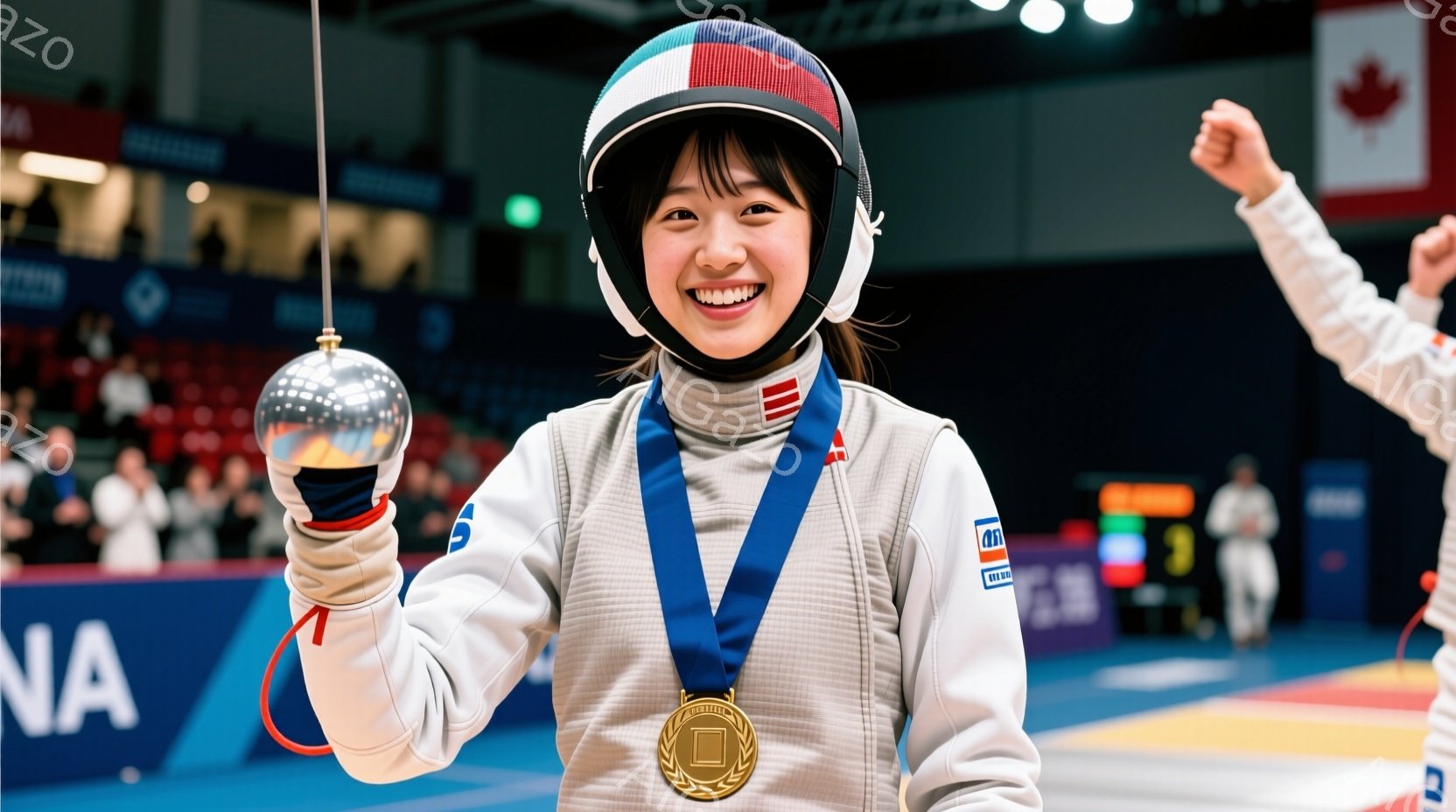 フェンシングの選手が、金メダルを首にかけて満面の笑みを浮かべている。彼女は青と赤のフェンシングスーツを着ており、頭には白いヘルメットをかぶっている。背景には観客席とフェンシングのコートが見え、競技会の勝利を祝う華やかな雰囲気が伝わってくる。