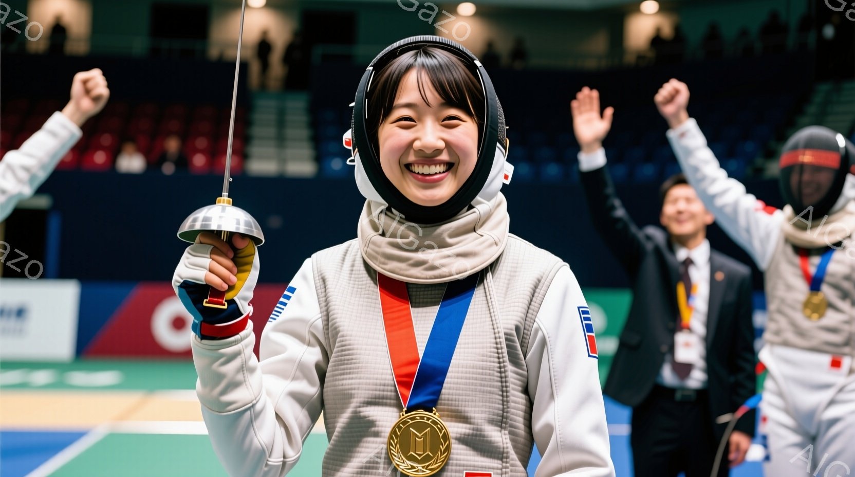 フェンシング選手が金メダルを首にかけて満面の笑みを浮かべている写真です。彼女はフェンシングのユニフォームにヘッドギアを着用し、片手にフェンシングの剣を持っています。背景には、両手を上げて彼女を祝福する人々や、フェンシングのコートが見え、勝利の喜びと興奮に満ちた雰囲気が伝わってきます。