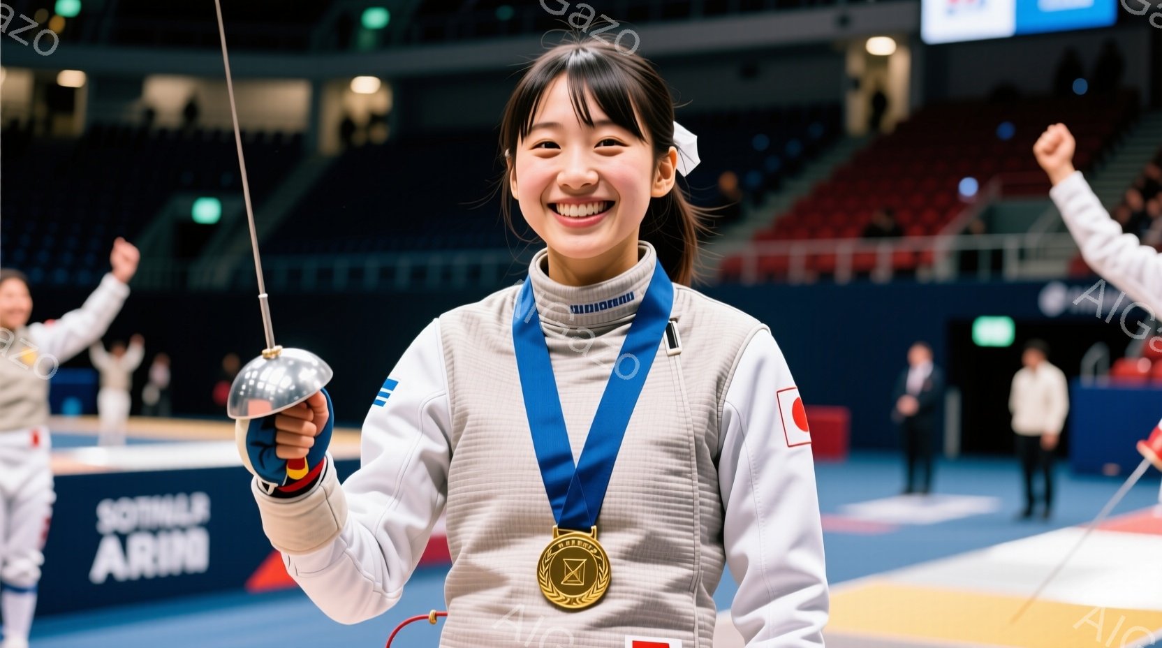 フェンシングの選手が金メダルを首にかけて満面の笑みを浮かべている。白いフェンシングスーツに青いラインが入っており、髪は後ろで一つにまとめられている。背景には観客席が見え、他のフェンサーも写っており、競 - AI生成フリー素材