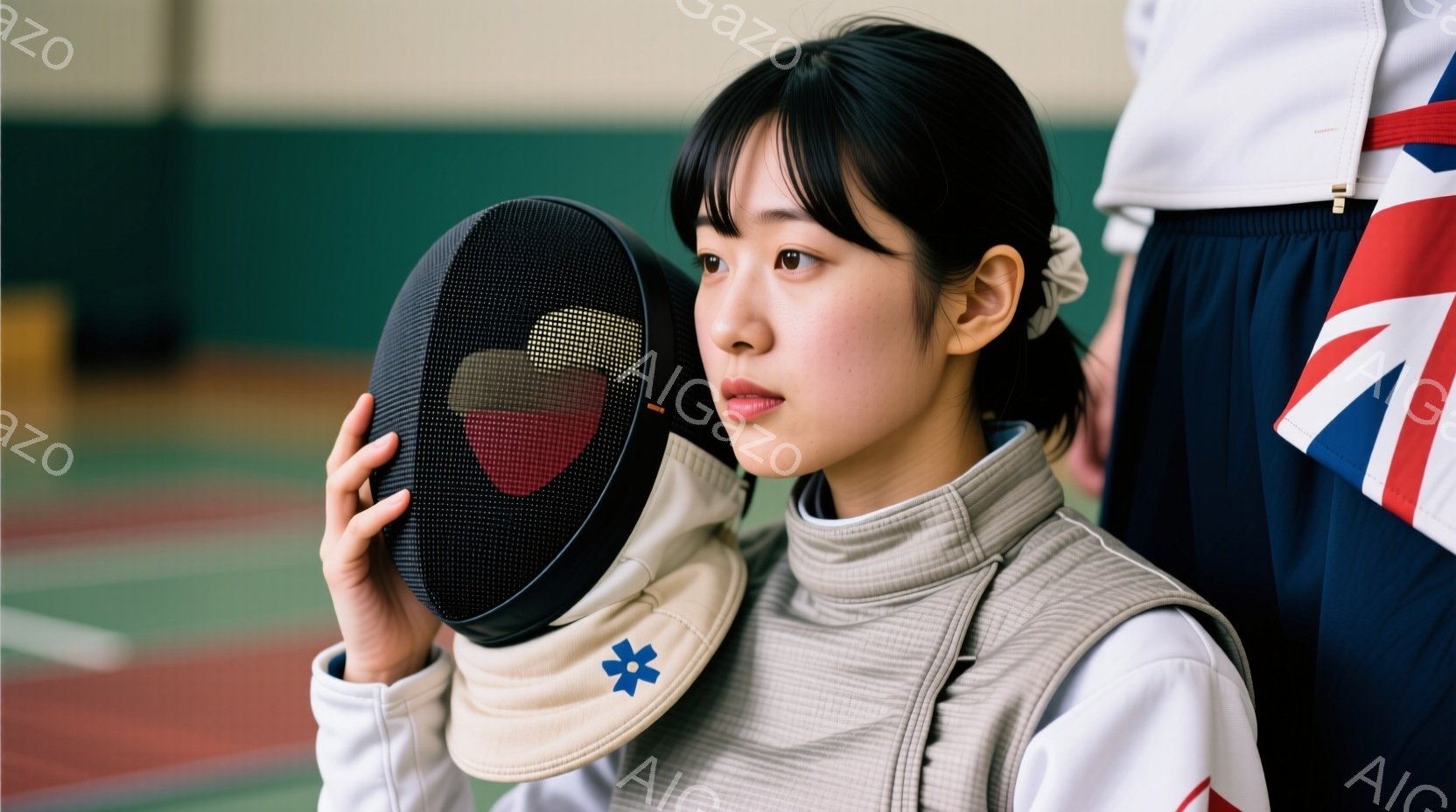 競技場の背景に、フェンシングのマスクを持つ若い女性が写っている。彼女はベージュのジャケットと白いアンダーシャツを着ており、黒髪を後ろでまとめて、真剣な表情をしている。背景には、ユニフォームを着た他の競 - AI生成フリー素材