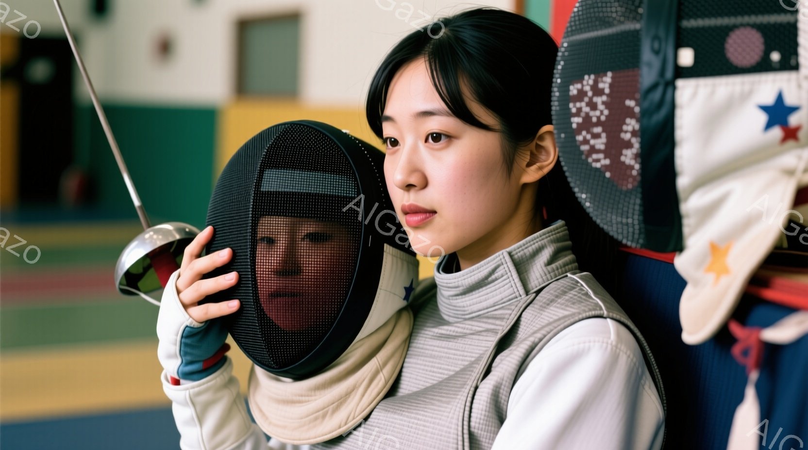 フェンシングの選手と思しき若い女性が写っている。彼女はフェンシングマスクを上げ、青灰色のフェンシングスーツとプロテクターを着用し、片手に剣を持っている。背景には、様々な旗とフェンシング場の壁が見え、全体的に集中した雰囲気である。