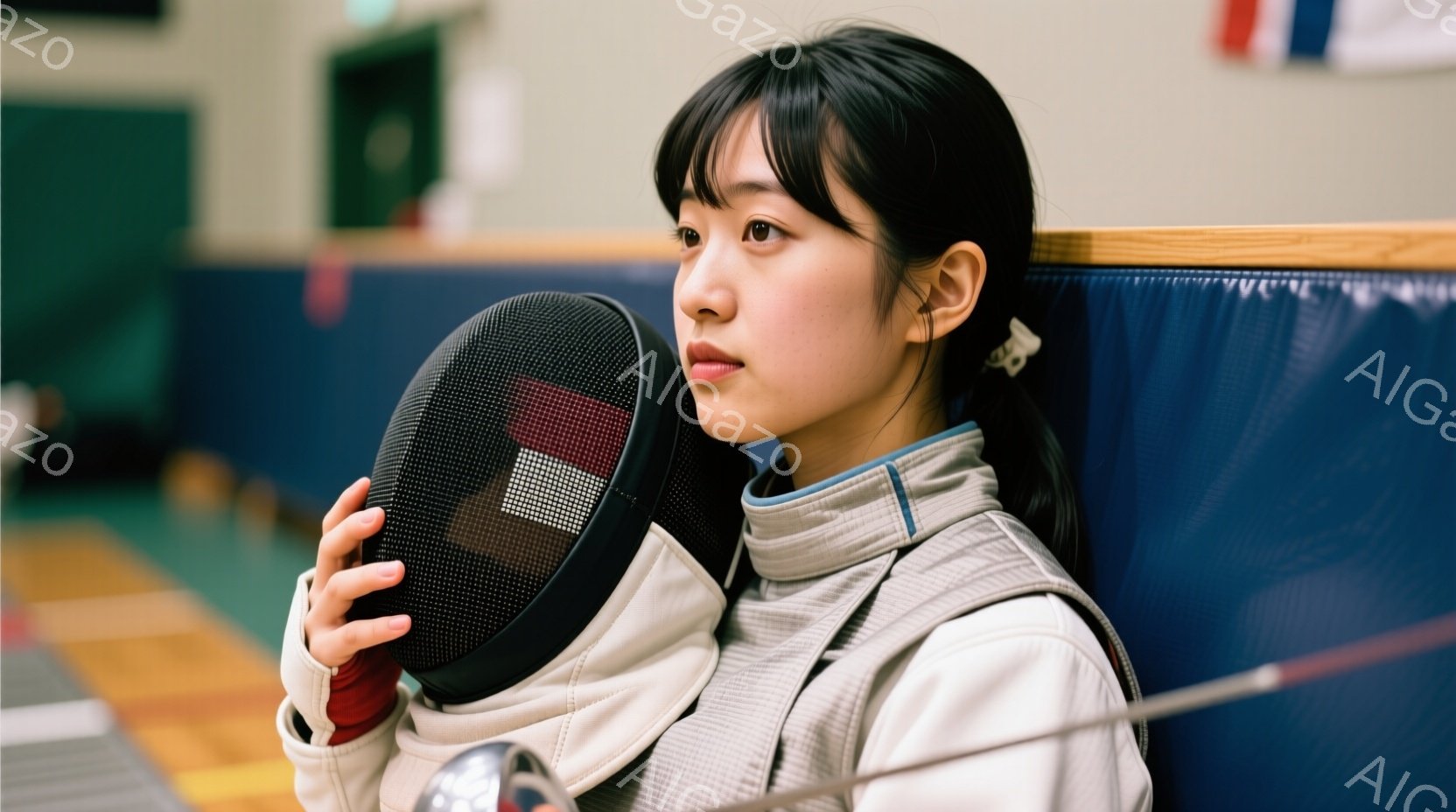 少女はフェンシングのマスクを持ち、白と薄いグレーのユニフォームを着ています。彼女は黒髪で、ポニーテールにまとめており、真剣な表情で横を向いています。背景にはフェンシングコートの一部と青い壁が見え、競技会場の落ち着いた雰囲気が漂っています。