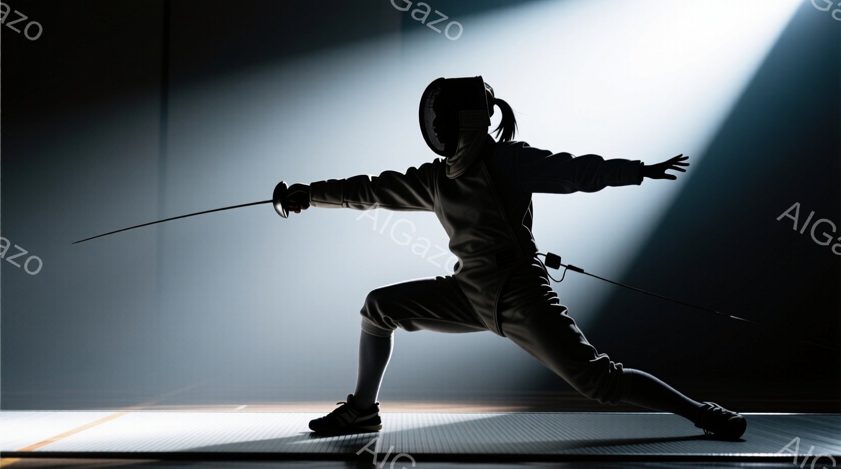 フェンシングの選手が、競技場のような場所で構えをとっています。白のフェンシングスーツとヘルメットを着用し、片手に剣を構え、もう片方の腕は体の前に構えています。背景はぼやけており、スポットライトのような光が選手を照らし、競技場の床がわずかに見えます。