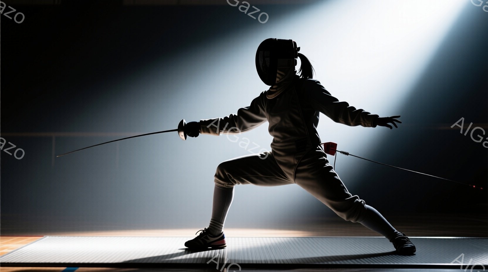 フェンシングの選手が競技に臨む姿が捉えられている。白のフェンシングスーツにヘルメットとマスクを着用し、剣を構えている。背景は暗く、競技場の一部が見え、スポットライトが選手を照らしていることで、緊張感と - AI生成フリー素材