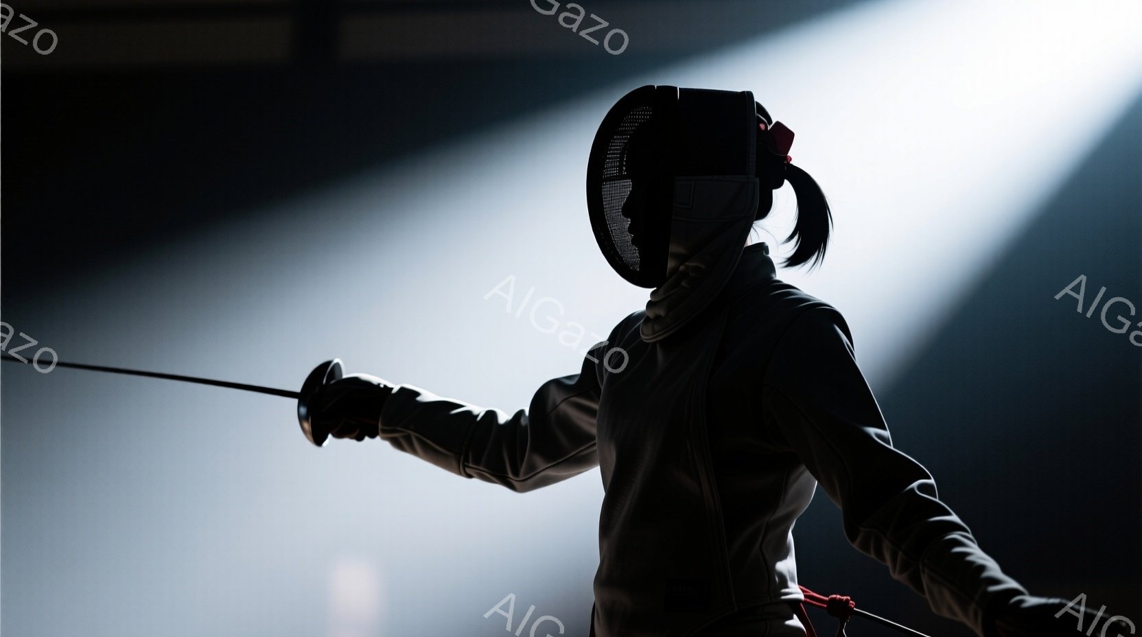 フェンサーが競技に集中してポーズをとっています。黒いフェンシングスーツとヘルメットを着用し、後ろで髪はポニーテールになっています。背景は暗く、光がフェンサーを照らし出し、競技場の雰囲気を強調しています。