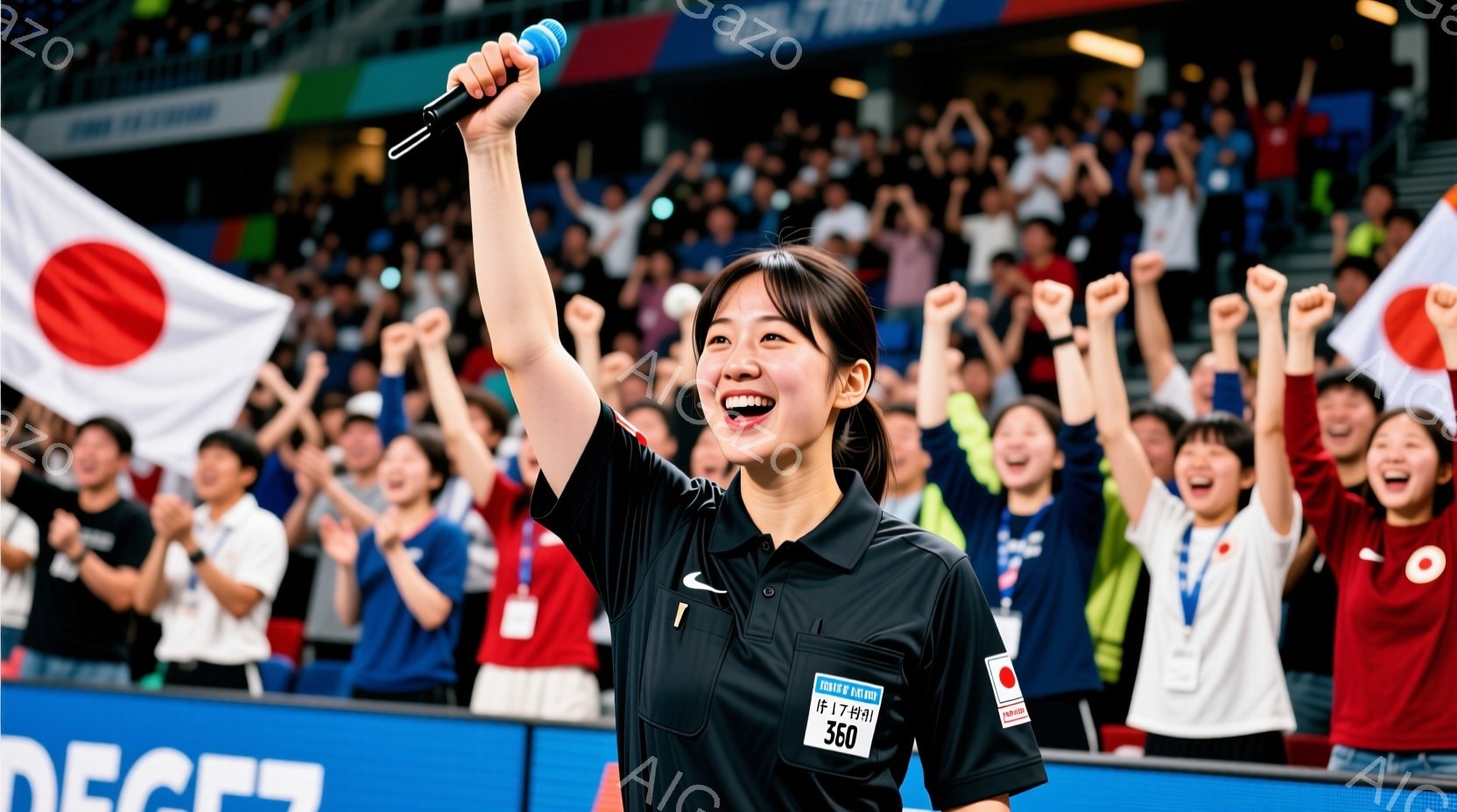 黒いジャケットに白いシャツを着た女性が、片手にマイクを持ち、高く掲げている様子を捉えています。彼女は笑顔で、観客席から日本の国旗が多数掲げられており、熱狂的な雰囲気を感じさせます。背景には観客席が広がり、スポーツイベント会場であることがわかります。