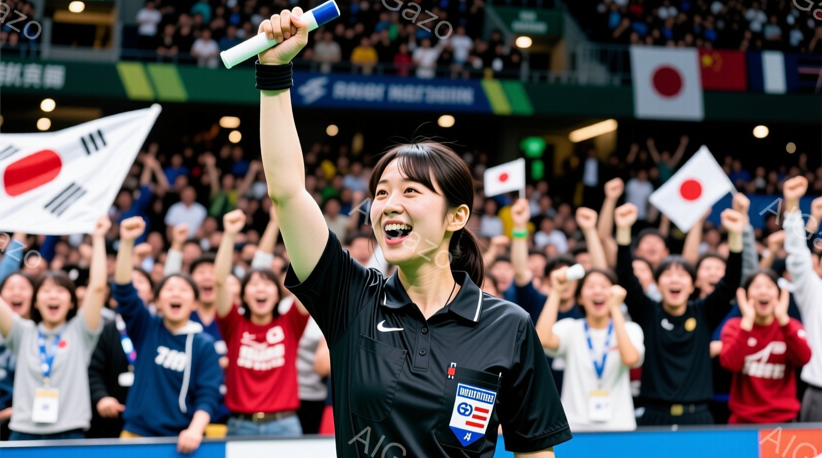 満員の観客席を背景に、女性レフェリーが腕を高く上げ、勝利を告げる様子を捉えています。彼女は黒いシャツに白いズボンを着用し、髪は後ろで一つにまとめられています。観客は日本の国旗を持つ者が多く、興奮と熱狂 - AI生成フリー素材