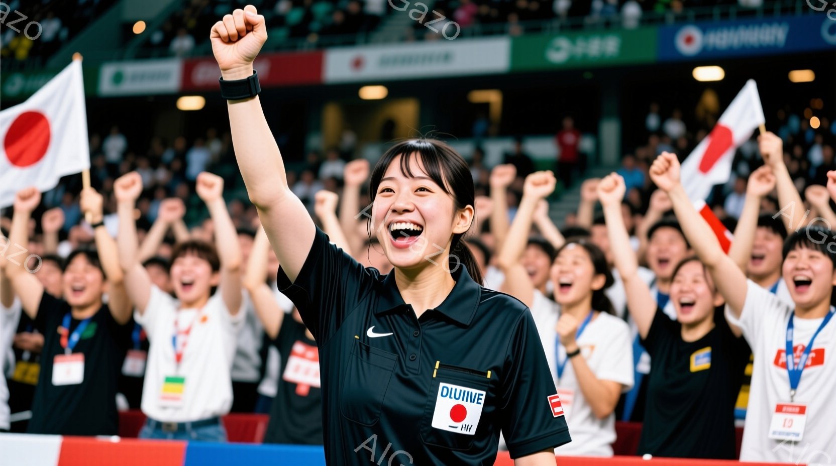 観客席で、黒い制服を着た女性が両手を高く上げて歓喜しています。彼女は明るい笑顔を見せ、表情は非常に嬉しそうです。背景には日本の国旗を掲げた大勢の観客がおり、熱狂的な雰囲気が伝わってきます。 - AI生成フリー素材