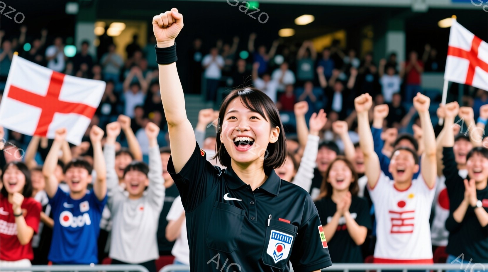 観客席を背景に、制服を着た若い女性が両手を高く上げて喜んでいます。彼女は黒い髪で、満面の笑みを浮かべ、制服の胸にはバッジが光っています。背景には、旗を振る観客が密集しており、熱狂的な応援ムードが伝わってきます。